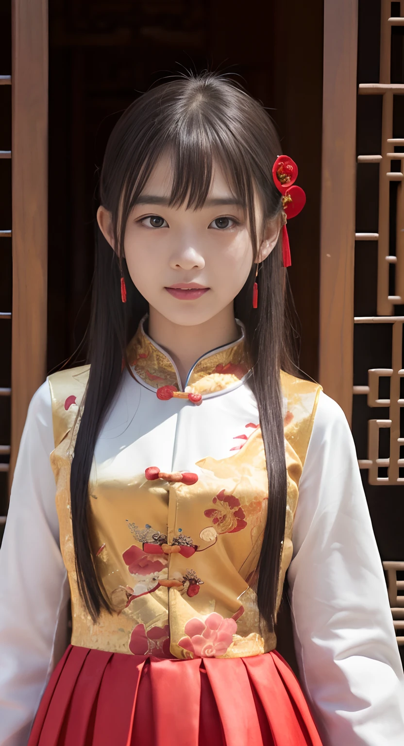 (top-quality、masterpiece:1.2)、Best Quality、realisitic、photoshot、hight resolution、1080p、8K、Textured skin、Physical Rendering、1 Japan Girls、a junior high school student、kawaii、Young Face、Rolled hair、(Traditional Chinese Dresses:1.5)、Chinese court、full of shyness、smil、Big