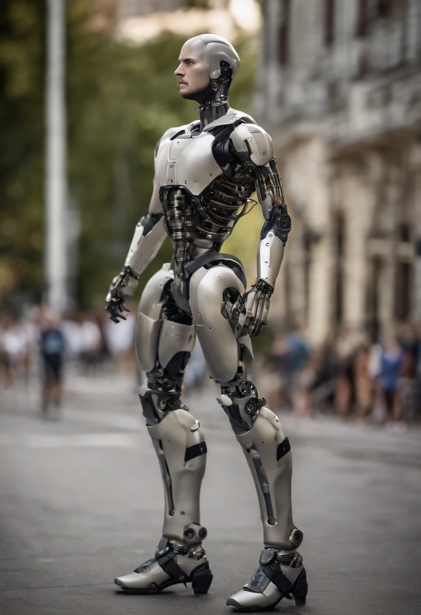 Man with robotic legs, Very detailed prostheses, Metal prostheses, realistic prostheses, corpo atletico, detailed muscles, corpo peludo, cabelo, cabelo blondie, rosto sorridente, olhos azuis, Saqueira, ambiente da academia, fotografia, Ultra realista, topless, Papai