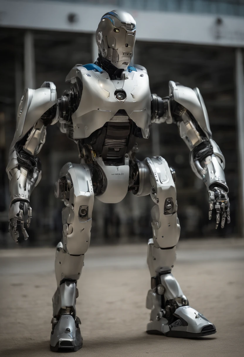 Man with robotic legs, Very detailed prostheses, Metal prostheses, realistic prostheses, corpo atletico, detailed muscles, corpo peludo, cabelo, cabelo blondie, rosto sorridente, olhos azuis, Saqueira, ambiente da academia, fotografia, Ultra realista, topless, Papai