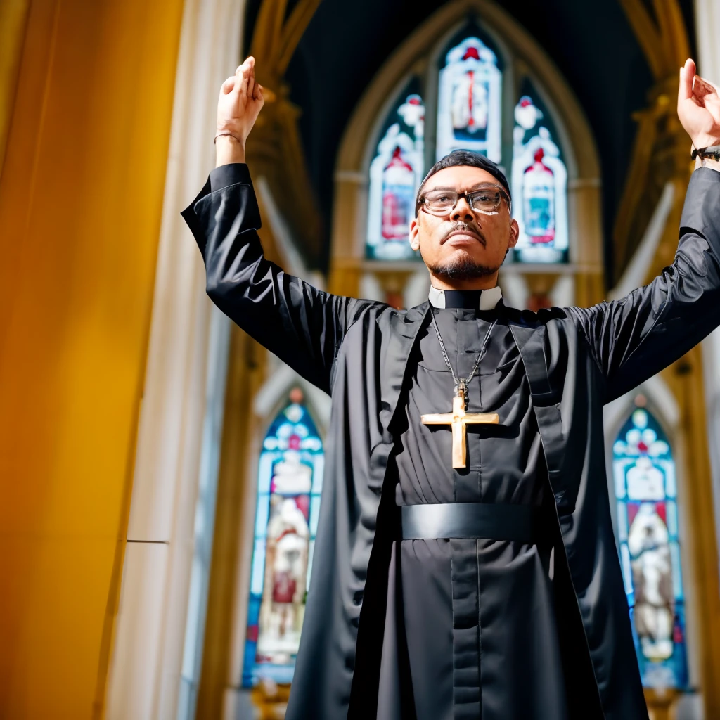 guttonerdvision10, "A priest in black attire with a white collar, hands raised in prayer, wearing a gold crucifix outside his cassock, against a blurred bokeh background."
