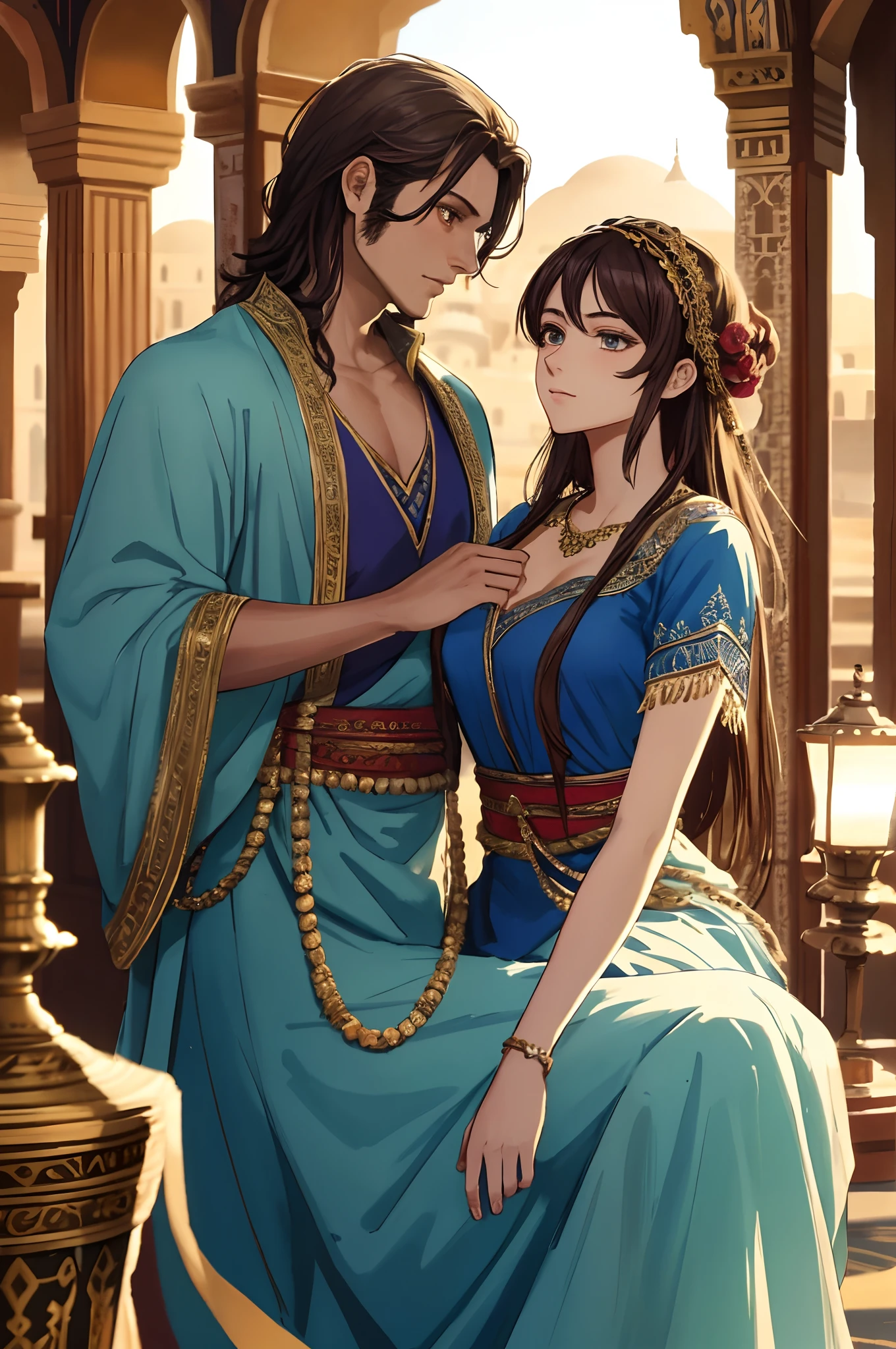 Top quality, Best quality, High-quality illustrations, Masterpiece, Super high resolution, Detailed background, Detailed background, duo,two concubines,Aladdin, Entertainment at the Arabian Palace, Sassanid dynasty, Turkish lamps,group picture:0.1, 6+Women, 6+Girls, absurderes(Highly detailed beautiful face and eyes)Perfect anatomy, expression, Good lighting, cinematic shadow,(komono,),