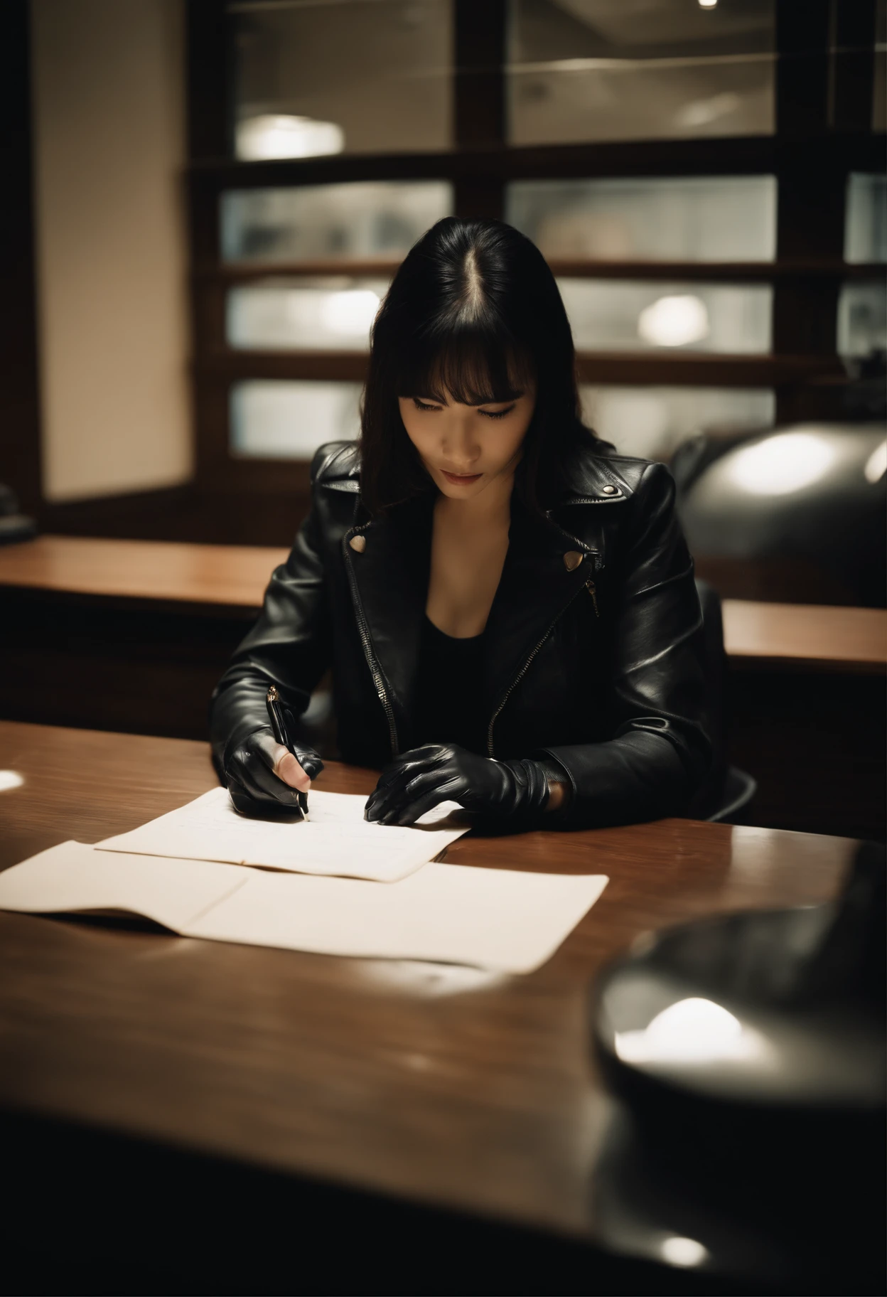 Wearing black leather gloves in both hands, upper body, black leather riders jacket, facing the desk in the modern study in the dark, looking down and smiling, writing a letter using a fountain pen, long straight black hair, young Japanese woman (black leather gloves cover both hands)y