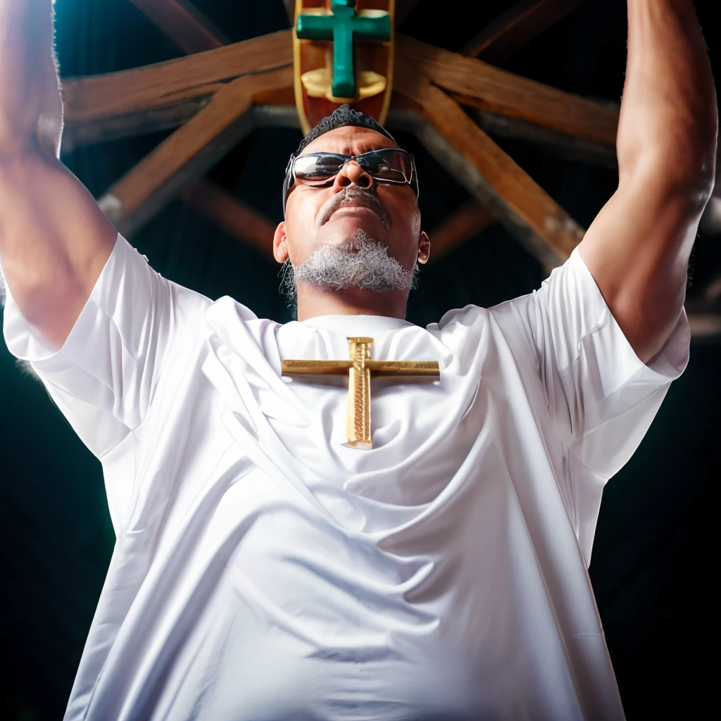 guttonerdvision10, "Um padre em traje preto com um colarinho branco, hands raised in prayer, usando um crucifixo de ouro fora de sua batina, contra um fundo bokeh desfocado."