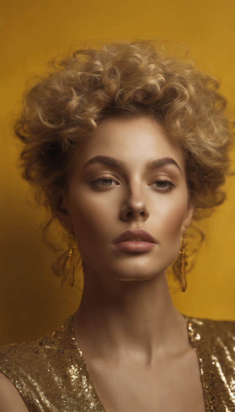 Epic hyperrealistic abstract image of shawn mendes made using a (yellow #ffff00) makeup, in the style of hyper- realistic oil, detailed character illustrations, luminous spheres, melting, dark yellow and gold, kimoicore, dark & explosive