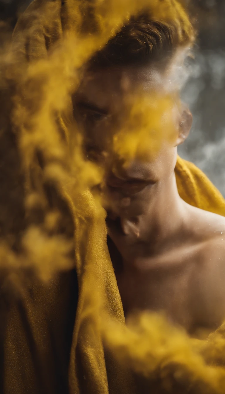 Epic hyperrealistic abstract image of shawn mendes made using a (yellow #ffff00) makeup, in the style of hyper- realistic oil, detailed character illustrations, luminous spheres, melting, dark yellow and gold, kimoicore, dark & explosive