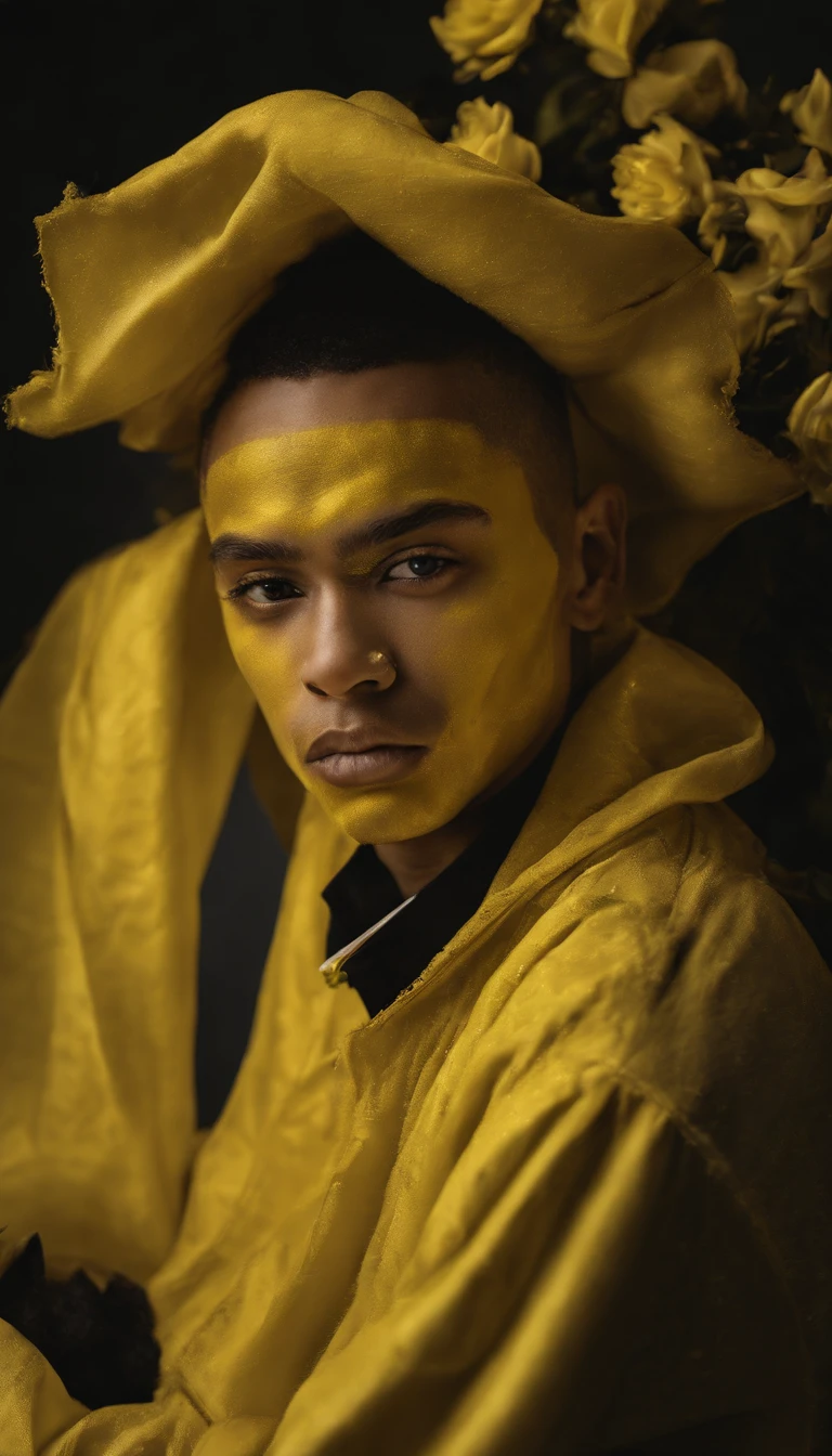 Epic hyperrealistic abstract image of justin bieber made using a (yellow #ffff00) makeup, in the style of hyper- realistic oil, detailed character illustrations, luminous spheres, melting, dark yellow and gold, kimoicore, dark & explosive