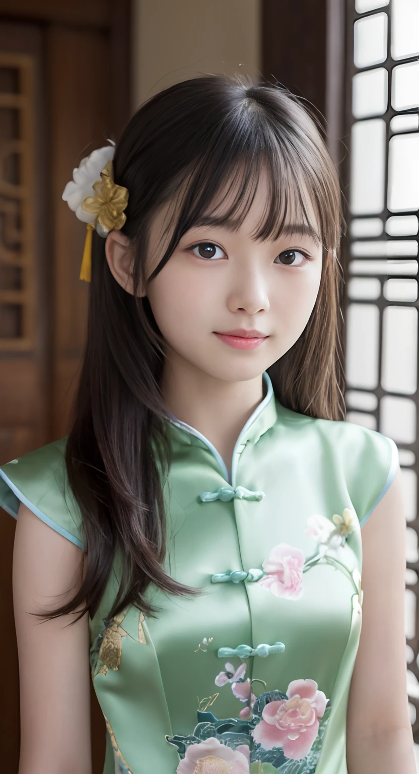 (top-quality、​masterpiece:1.2)、Best Quality、realisitic、photoshot、hight resolution、1080p、8K、Textured skin、Physical Rendering、1 Japan Girls、a junior high school student、kawaii、Young Face、Rolled hair、(Traditional Chinese Dresses:1.5)、Courts of China、full of shyness、smil、Big