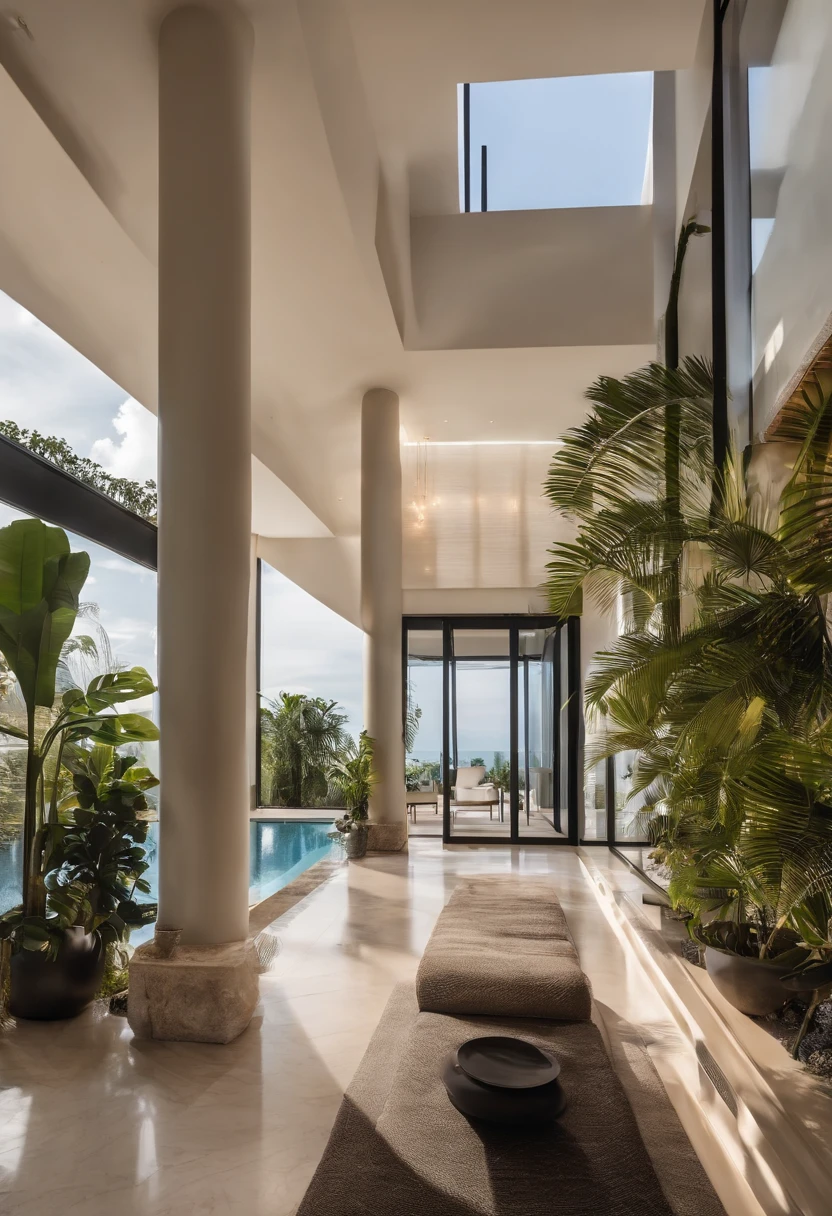 apartamento residencial,ensolarado,uma sala grande com quadros abstratos ,chao com piso de madeira laminado , teto marmore,High ceiling height 4 meters ,muitas janelas de ferro preto,piscina na sala ,varanda com sacada bem decorada com   plantas,balaustres de ferro luminada ,distorcido .