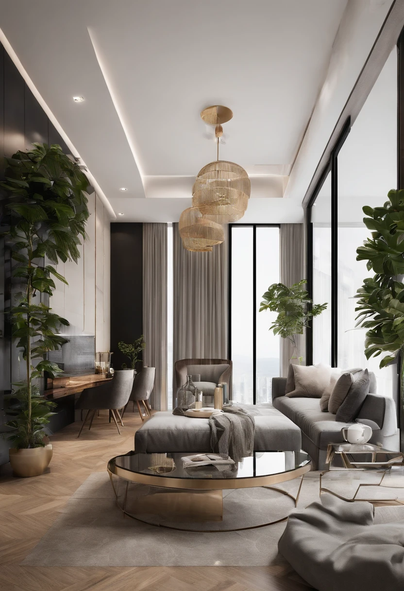 apartamento residencial,ensolarado,uma sala grande com quadros abstratos ,chao com piso de madeira laminado , teto marmore,High ceiling height 4 meters ,muitas janelas de ferro preto,piscina na sala ,varanda com sacada bem decorada com   plantas,balaustres de ferro luminada ,distorcido .