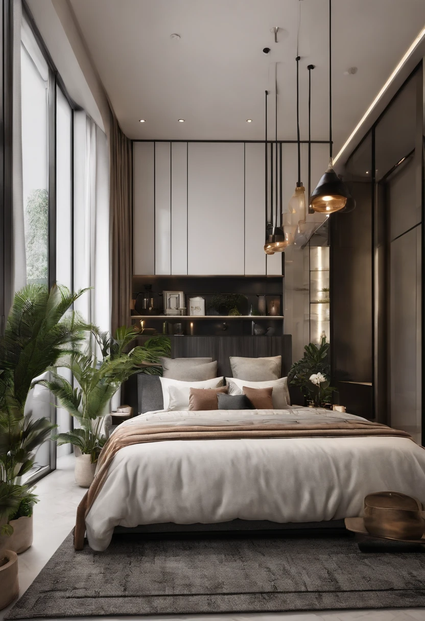 apartamento residencial,ensolarado,uma sala grande com quadros abstratos ,chao com piso de madeira laminado , teto marmore,High ceiling height 4 meters ,muitas janelas de ferro preto,piscina na sala ,varanda com sacada bem decorada com plantas,balaustres de ferro luminada ,distorcido .