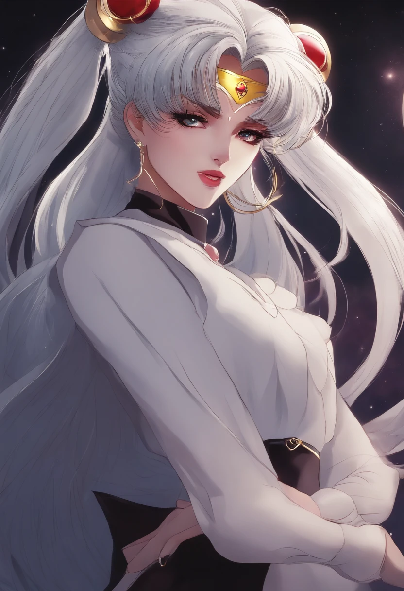 White sailor moon girl with katana, white hair, Long white hair, gray hairs, Two bundles on the head, Odango hairstyle, pale skin, Cyan eyes ,Lamborghini against the backdrop of a Japanese night city