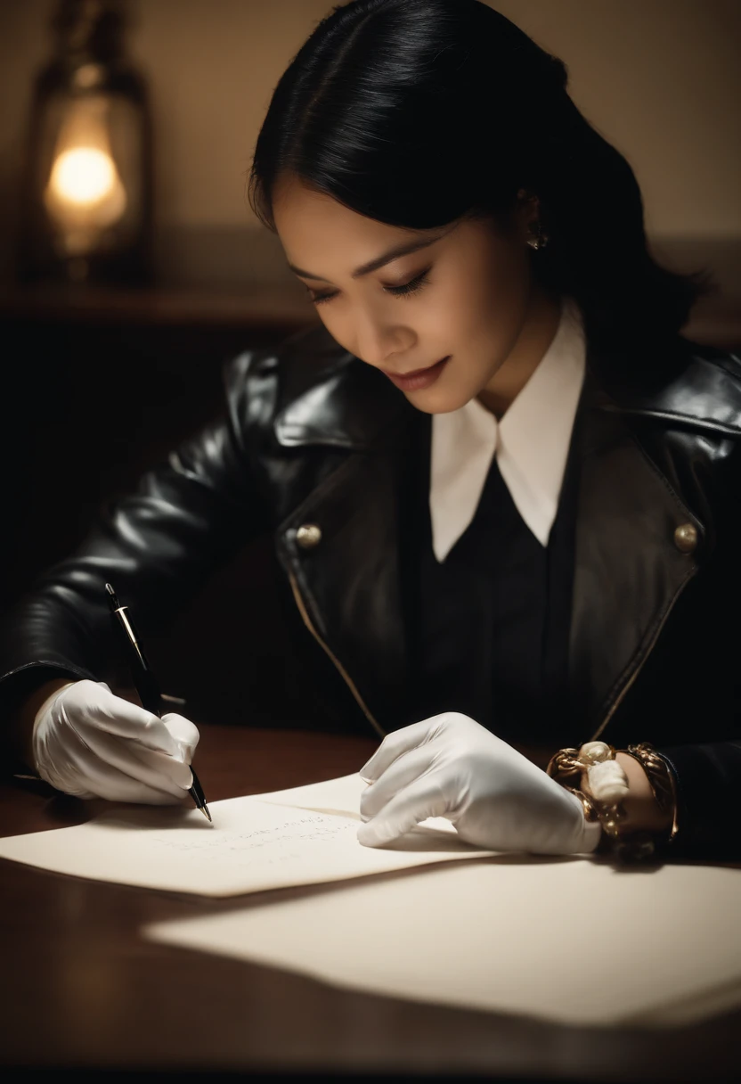 Wearing black leather gloves in both hands, upper body, black leather riders jacket, facing the desk in the modern study in the dark, looking down and smiling, writing a letter using a fountain pen, long straight black hair, young Japanese woman (black leather gloves cover both hands)