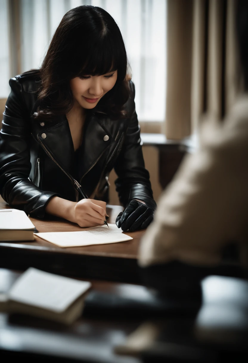 Wearing black leather gloves in both hands, upper body, black leather riders jacket, facing the desk in the modern study in the dark, looking down and smiling, writing a letter using a fountain pen, long straight black hair, young Japanese woman (black leather gloves cover both hands)