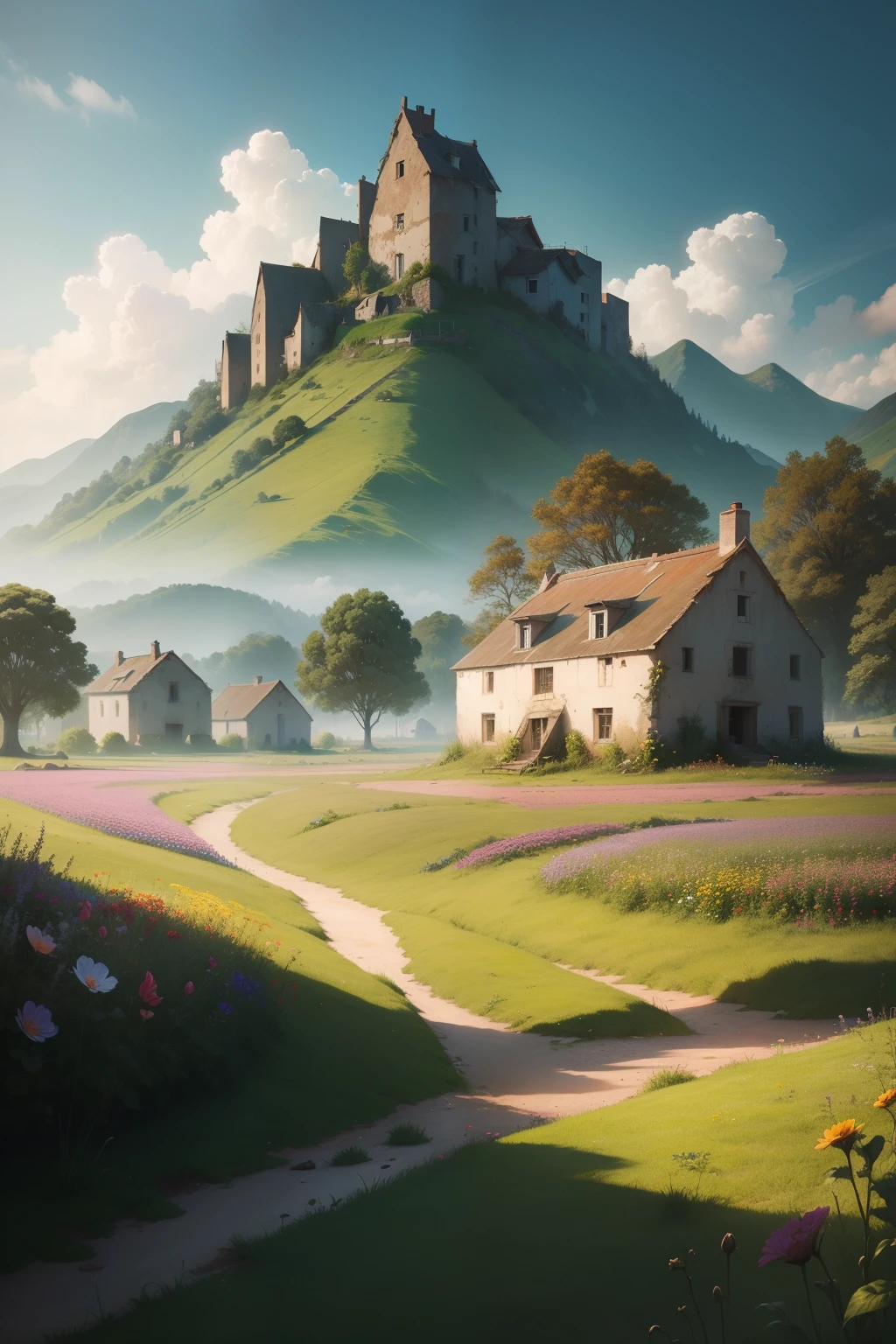 An abandoned village with a beautiful field with mystical plants, colorful flowers, mount in distance, 8k