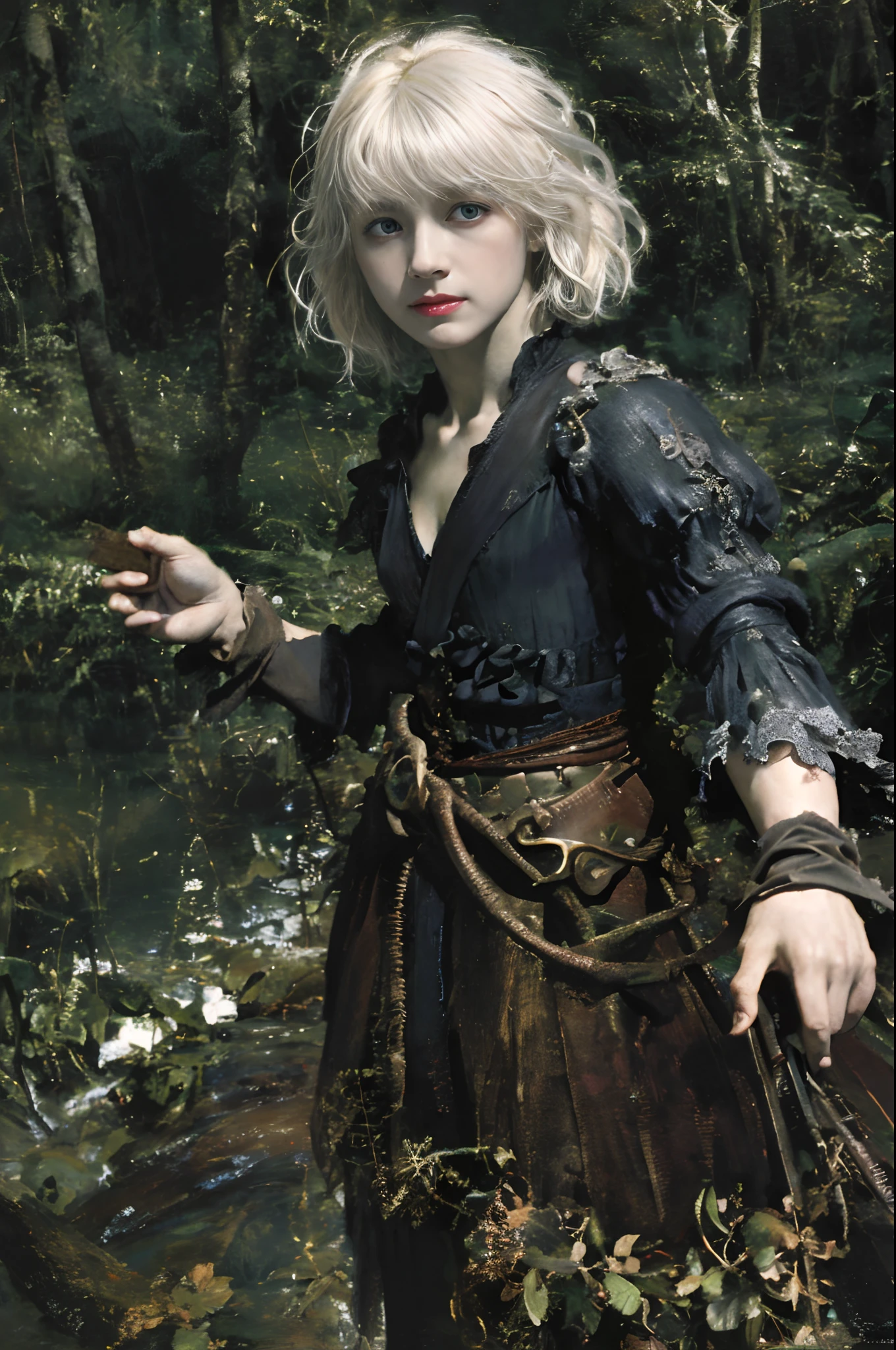 Top image quality、masterpiece、watercolor paiting、Vivid coloring、Arthur Rackham's style、Aerial perspective、thirds rule、Norse man1People Beautiful Girl、slightly smaller eyes、Pretty small face、Light makeup、Platinum blonde short hair、middlebreasts、Black Gloves、long-sleeve、gothic dress、the woods、On the banks of the springs、Rampart、cumulonimbus clouds