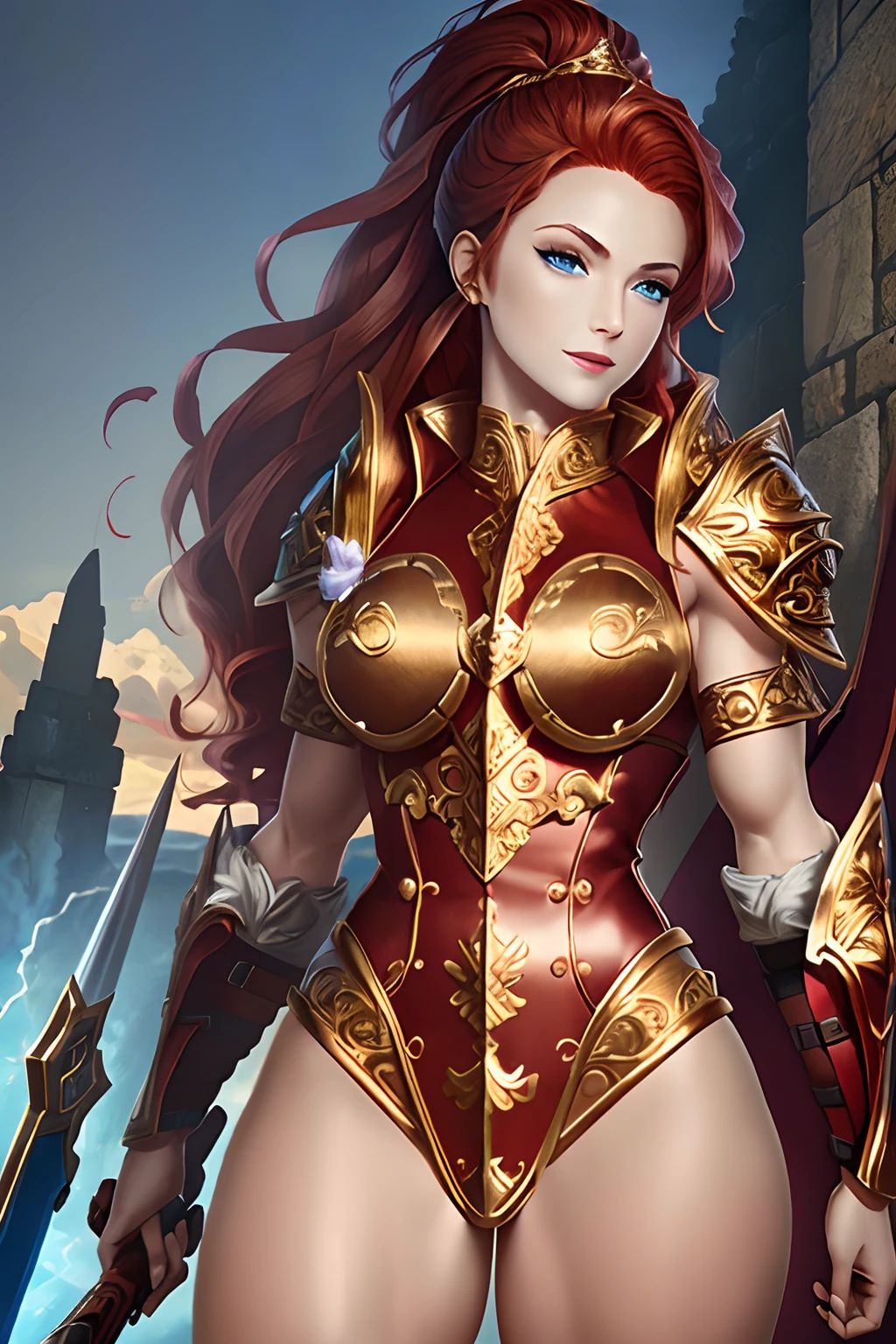 ((1girl)), full body, 80s_teela, a woman wearing armor, modelshoot style, anime, (extremely detailed 8k wallpaper), masterpiece, best quality, ((intricate detail)), absurdres, (((red hair))), ((blue eyes)), ((perfect face)), muscular thighs, muscular arms, suggestive smile, skin texture, (tone mapped), ((outline)), dynamic angle, dynamic pose, fantasy battlefield setting,