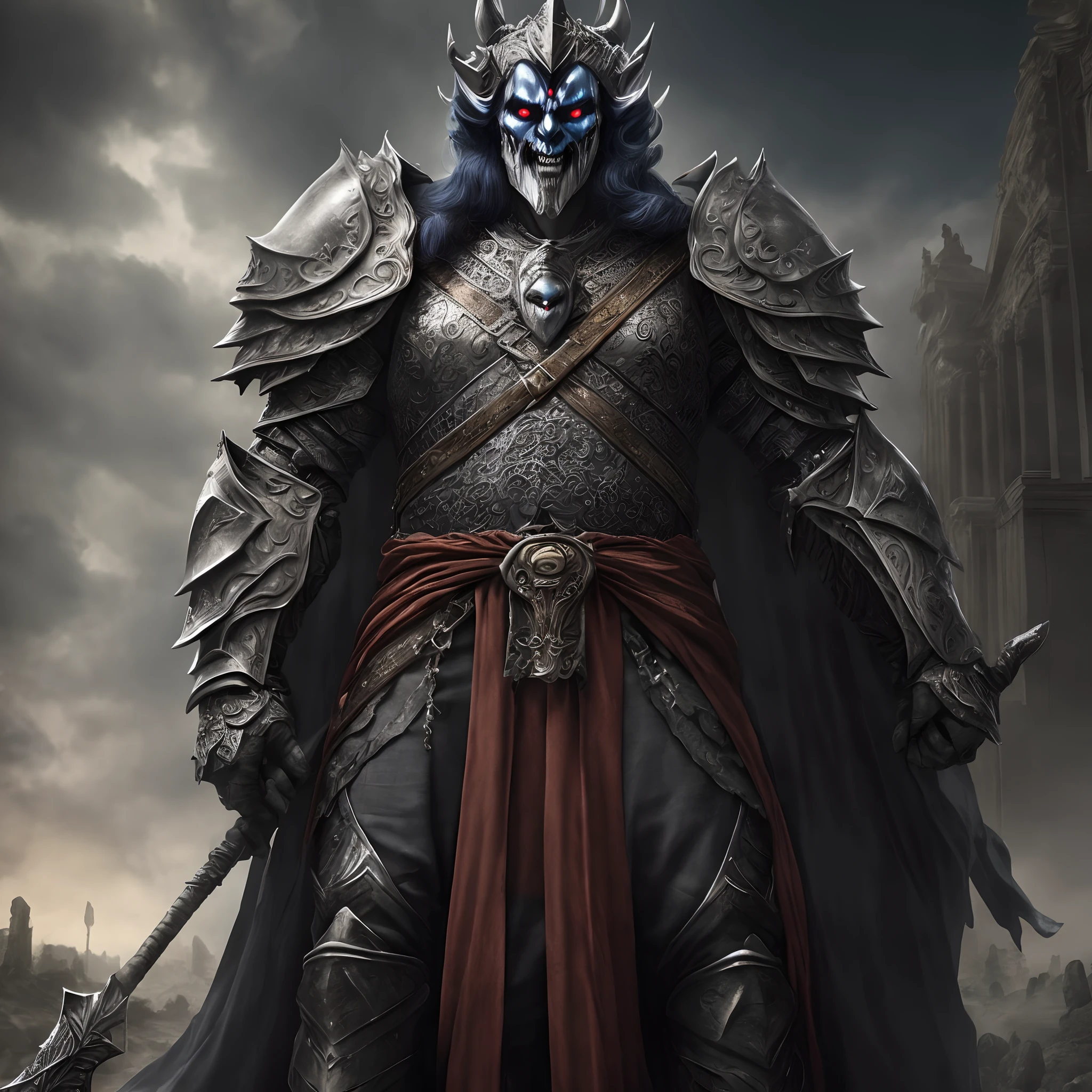 God Hades imposing ultra detail and realistic standing looking at me holding his bidder and armor on his clearly visible throne