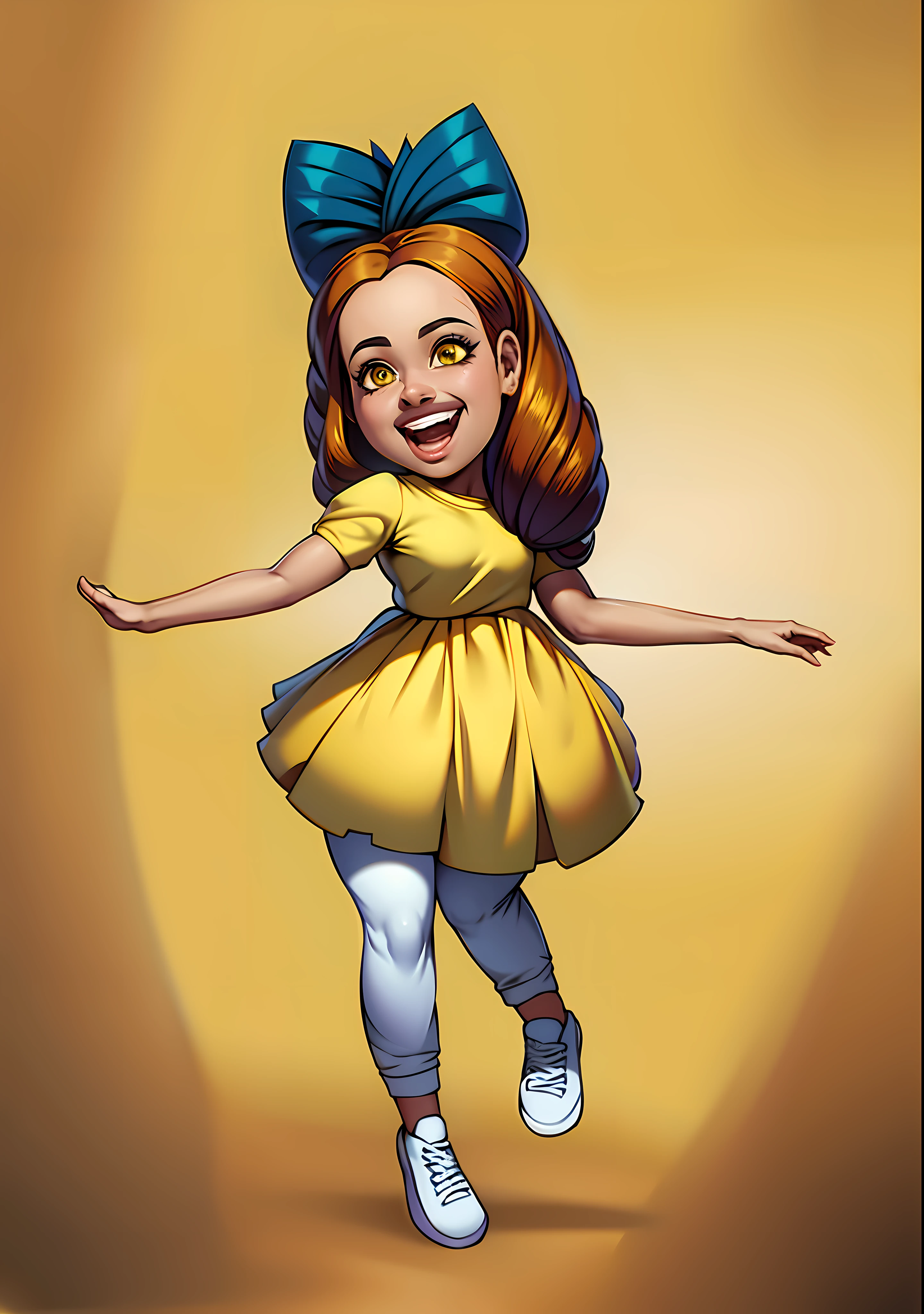 Mulher, saia amarela, camiseta amarela, yellow bow on head, cabelos pretos, pele parda.