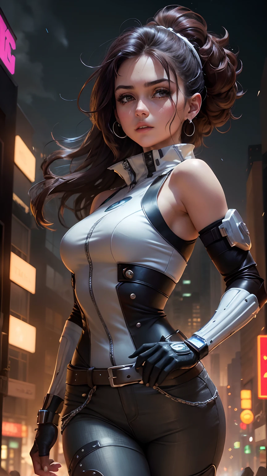 ((Mujer con rostro perfecto & friendly expression & Vestido cyberpunk blanco & Armadura completa con pantalones & Ojos color avellana ultra detallados & alto & Esbelto & Pale skin & Dark brown hair cascading down to the shoulders & Small bust & Figura de reloj de arena, Manos detalladas))|, She's running on rooftops, Dynamic adventurer poses, Antecedentes Ciudad Nocturna Futurista,|