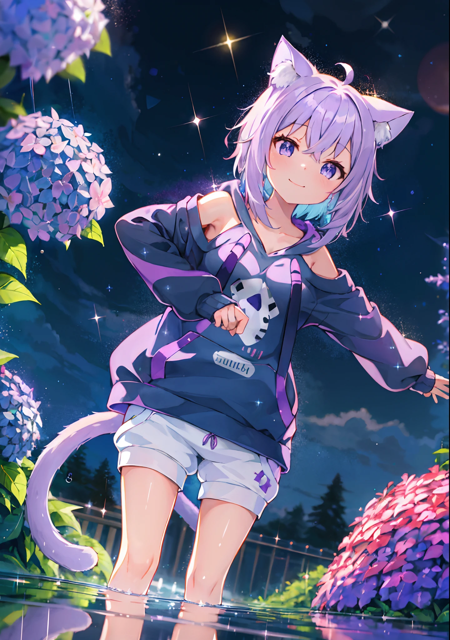 (solo), cute (1girl) walking,path,[from below:1.2],sine short hair, puddle,Water Reflection,rain,floating water drop,hydrangea,(blurry foreground),dynamic angle,asphalt,(night sky),lens flare, off-shoulder oversized shirt,(glitter:1.2) presenting armpit, nekomata okayu, cat tail, hoodie, sweatpants, smile