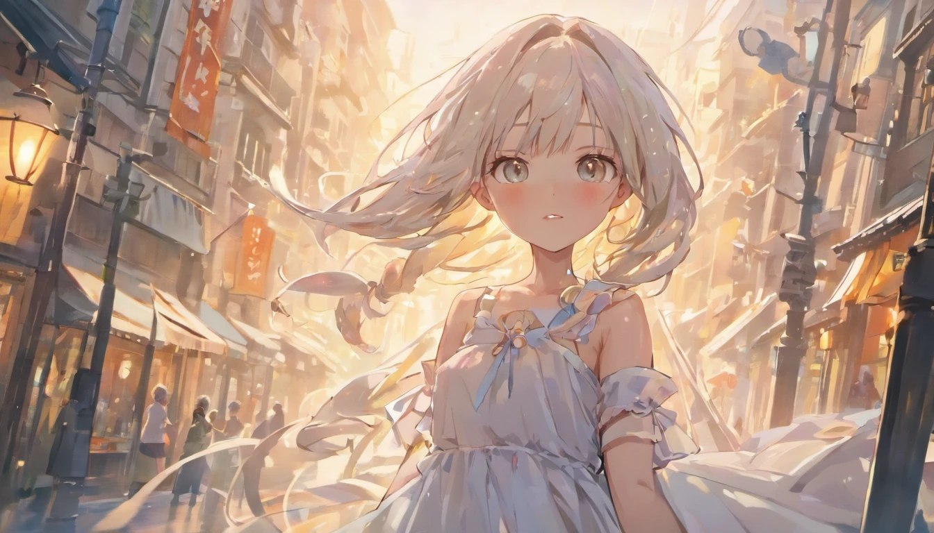 mix4, (16 K, Raw photography, Top image quality, ​masterpiece: 1.45), (realisitic, Photorealsitic: 1.37), one girls, 7．5, etc、Standing figure，Morning time slot、cute little, A city scape,, photon maping, Cityscape with street trees, physically-based renderingt, Brown Long Hair,, a handsome, Well-groomed and beautiful eyes、Large double eyelids、Very shiny、girl with, (((White Dress)))、 Top Quality Photos, hight resolution, 1080p, (clearface), (Detailed face description), (Detailed hand description), (​masterpiece), (Exquisite CG)、extreme light and shadows、dishevled hair、master work、abundant detail、(Fine facial features)、(top quality photo)、(masuter piece)、(A detailed eye)、Look in front of you、Fine clavicle、((Slender big))、(((Japan schoolgirl in white dress)))、((Ready Idol System))、((Boulevard with street trees、Bookstore Street、streetlights))、(Shooting from random perspectives)、(((Anyway cute)))、耳Nipple Ring、A big smile、Drawing the whole body from the feet、Do not draw nasolabial folds、(((White dress with short sleeves)))、(Big breasts that hang down big:0.9)、Big buttocks with tension、Two arms and two legs、(((from the front side:0.5)))、bare hand、No mask