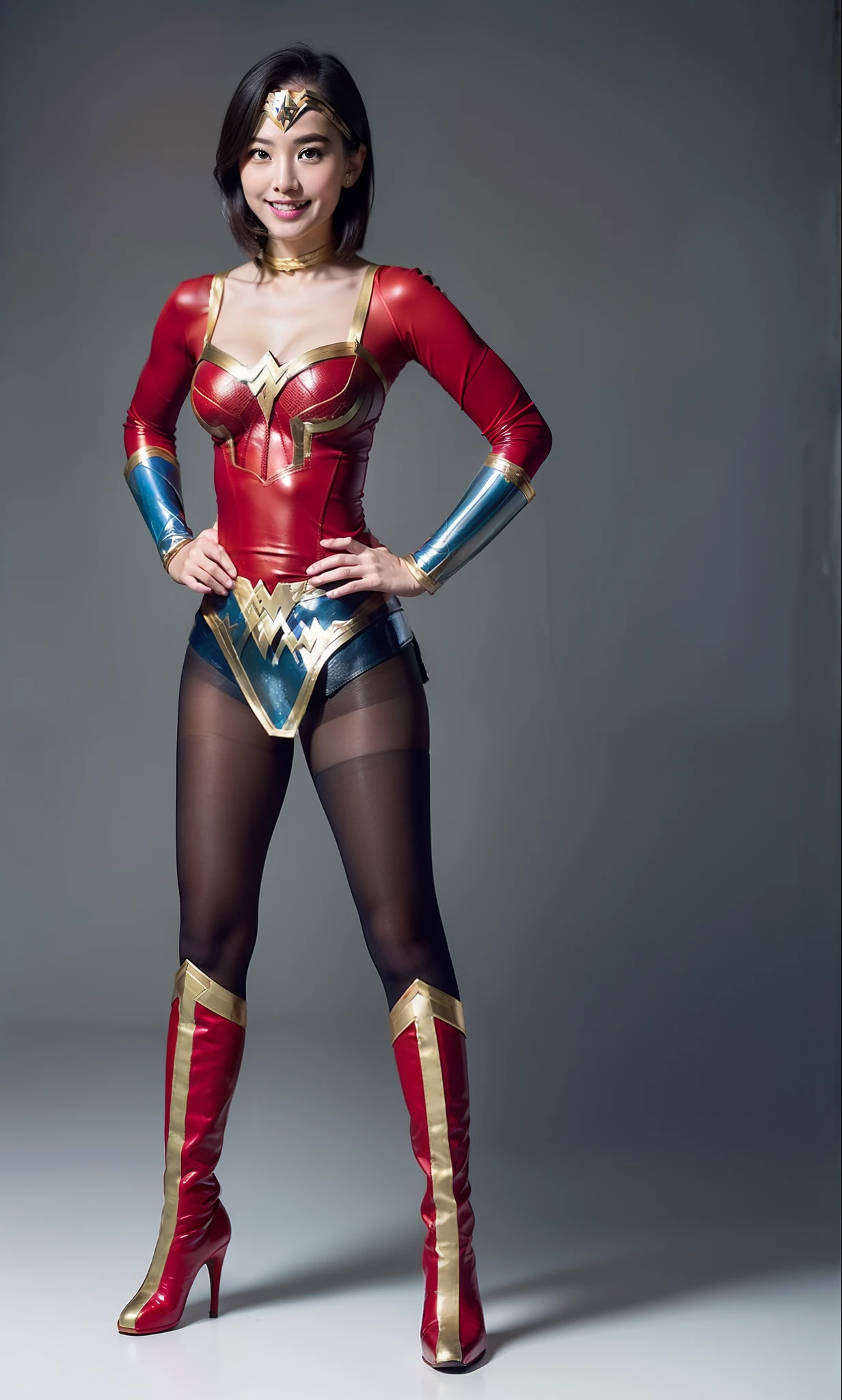 (((Make the most of the original image)))、(((Wonder Woman Costume)))、(((lustrous dark hair)))、(((Suffering)))、(((Feet must necessarily be worn with tights)))、(((Smile)))、(((You need to wear red boots)))、((Top image quality、8K))、((top-quality、8K、​masterpiece:1.3))、Crisp focus:1.2、Beautiful woman with perfect body shape:1.4、Slender Abs:1.2、((layers-Cut、large boob:1.2))、a wet body:1.5、Highly detailed facial and skin texture、