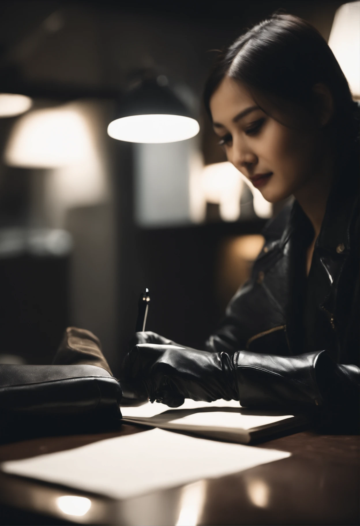 Wearing black leather gloves in both hands, upper body, black leather riders jacket, facing the desk in the modern study in the dark, looking down and smiling, writing a letter using a fountain pen, long straight black hair, young Japanese woman (black leather gloves cover both hands)