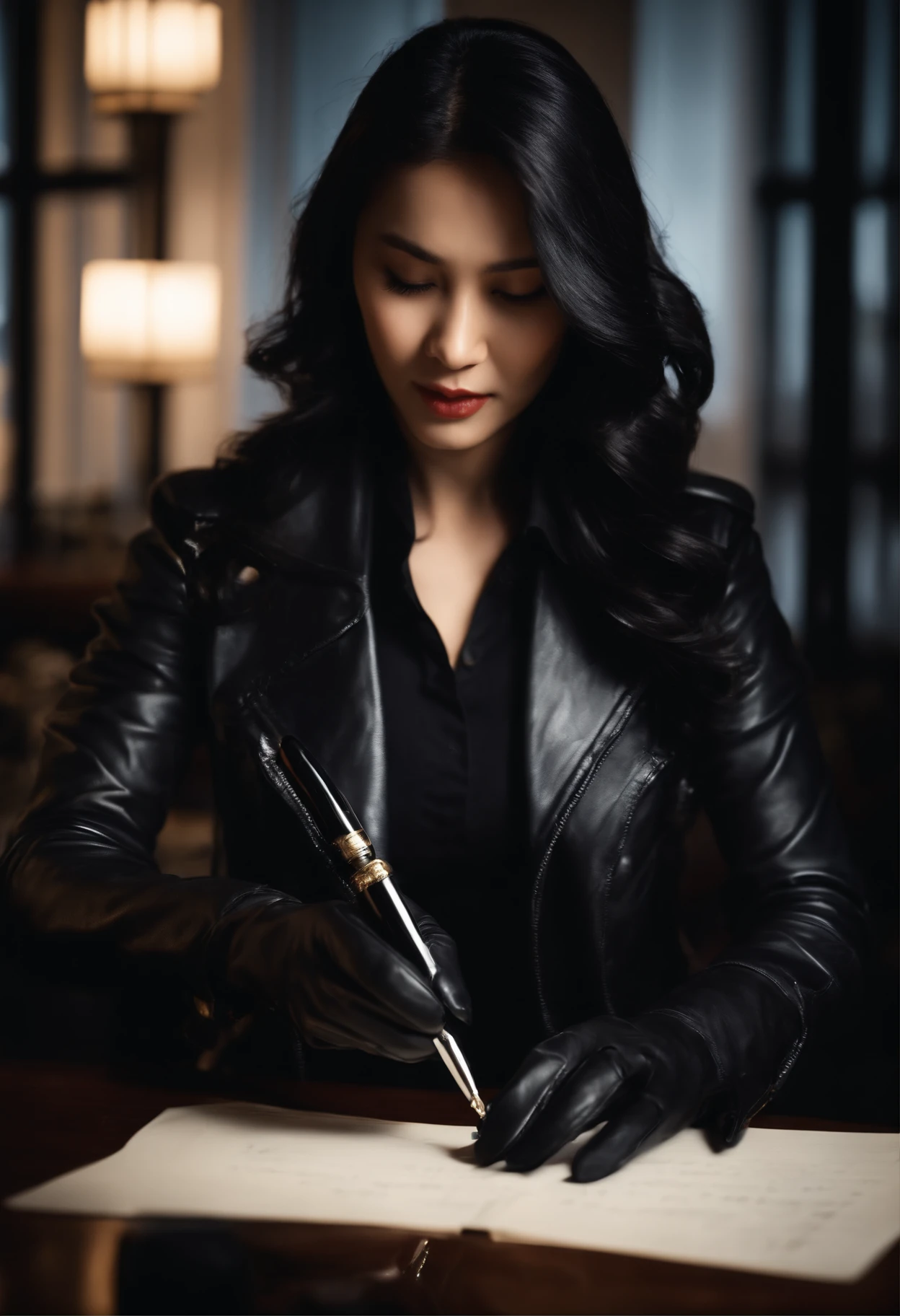 Wearing black leather gloves in both hands, upper body, black leather riders jacket, facing the desk in the modern study in the dark, looking down and smiling, writing a letter using a fountain pen, long straight black hair, young Japanese woman (black leather gloves cover both hands)