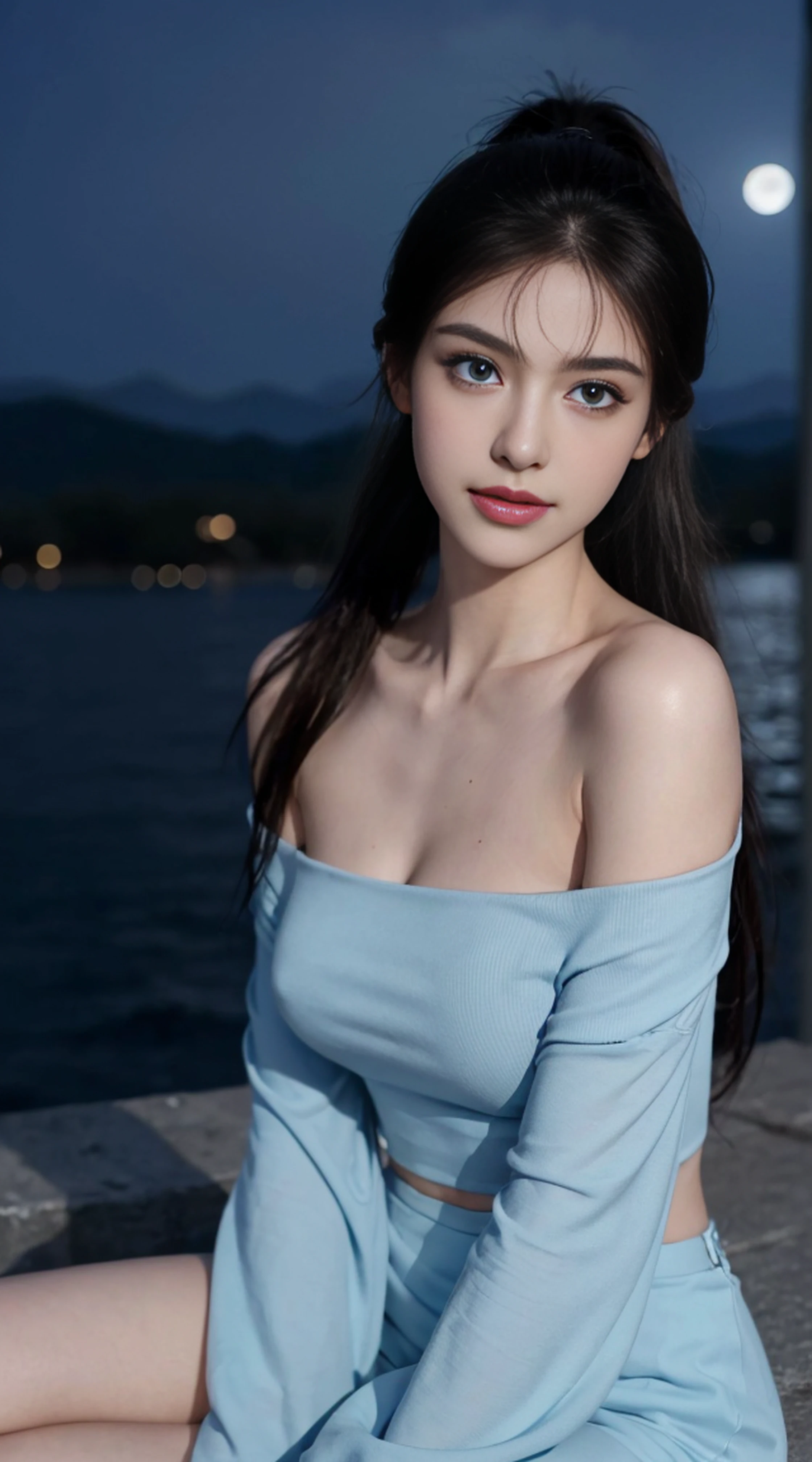 8K, Top Quality, Intricate Details, Ultra Detail, Ultra High Resolution, Masterpiece, random angle, Slender, Smile, (Makeup: 0.4), (Fluffy Blue Eyes: 1.21), blue Eyes,, ((full body)), 1girl, solo, 1 girl, (( full body)), close-up shot, sitting, on side , , ((tall)), (((fit body))), (((slim face))), sharp face, sharp eyes, (((black hair, long hair, high ponytail )) (detailed face), sharp face, small lips, thin lips,
(( Off the shoulder top )), detailed face, detailed breast, , large breast, detail, , Beautiful girl with accentuated slender abs: 1.4, Six Pack Abs: 1.4, Bust Botox, Big, Perfect Body, detail leg, (( moonlight)), top of mountain
