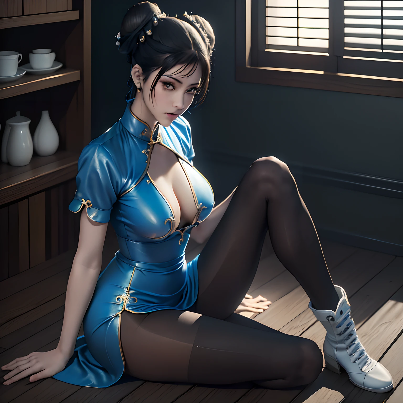 ((masterpiece, Best Quality, High resolution, 32K HDR)), 1female, solo, (Ultra-realistic portrait of Chun Li_street fighter:1.15, black hair, updo hair, 2 dango hair, huge breasts:1.25, blue China dress:1.35, black sheer tights, white boots), (messy abandoned house:1.1, shabby abandoned house:1.1, abandoned house made by straws:1.35, small old house, in Edo era:1.2), (sitting on shabby wood floor, realistic hearth:1.1, fire on the hearth), (dark atmosphere:1.25, horror atmosphere:1.25),