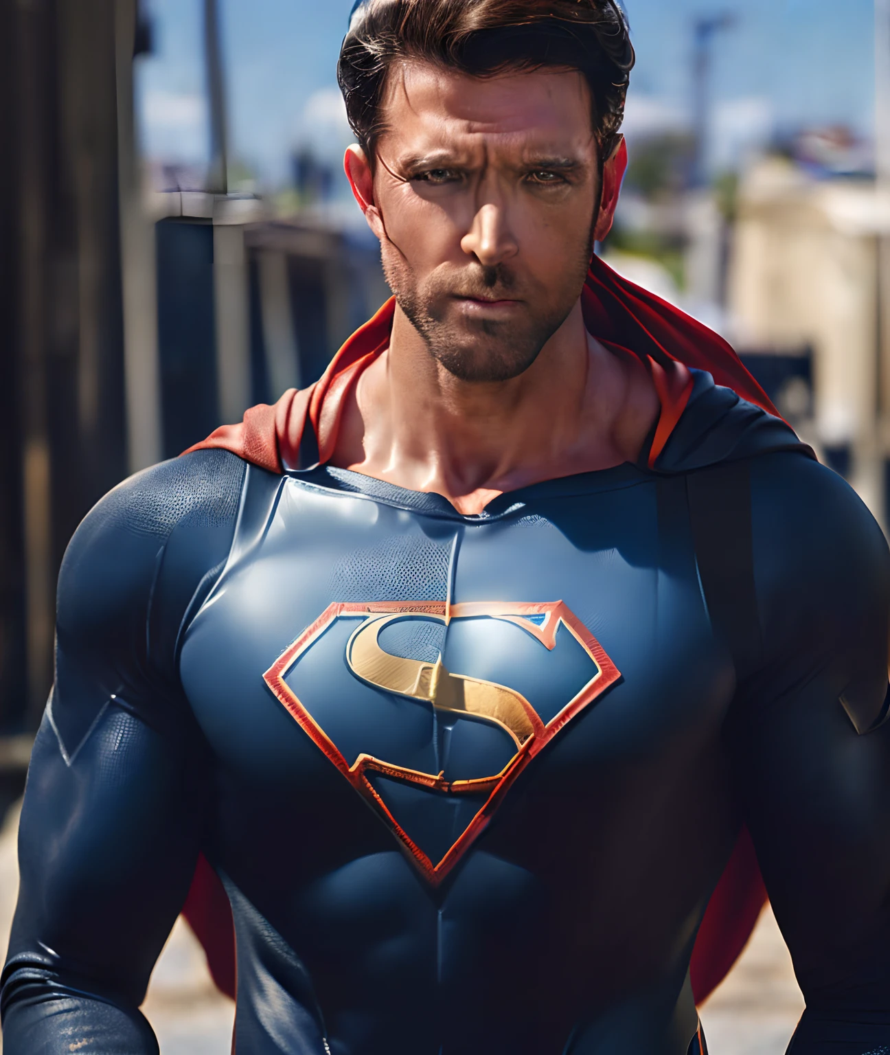 superman , superhero, upper body,cinematic, movie, grain movie (2023s)1boy, building destroyed , realistic , (8k, RAW photo, best quality, masterpiece:1.2), (realistic, photo-realistic:1.33), best quality, detailed eyes blue, cute,natural lighting, depth of field, film grain, wrinkled skin, sharp