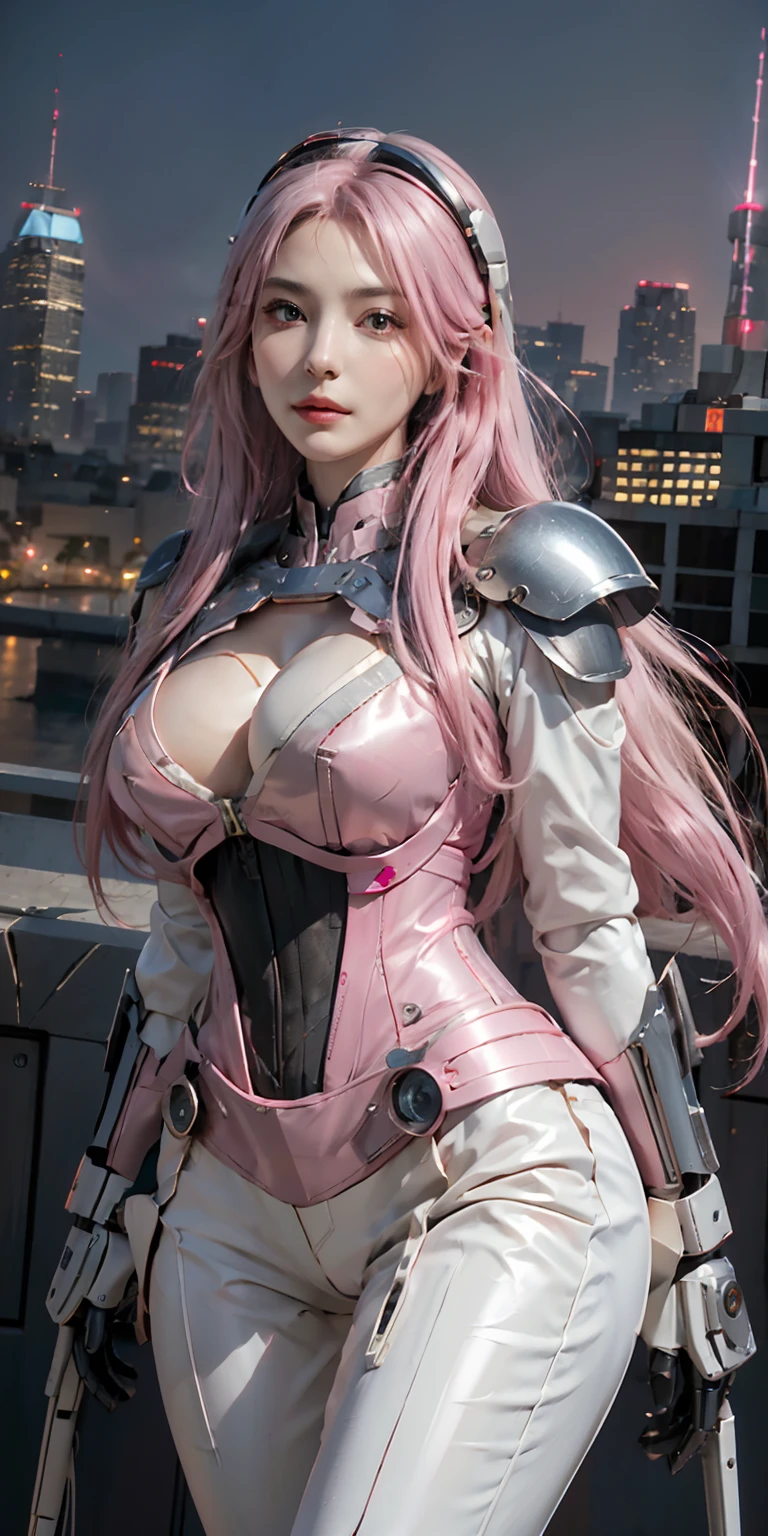 Photorealistic, high resolution, Soft light,1womanl, Solo, Hips up, (Detailed face), Pink hair, Long hair, Mecha musume, mechanicalparts, robotjoints, single mechanical arm, Headgear, Mechanical Aura, Star halo, electric mechanical bodysuit, mecha corset, komono, Full armor, City at night