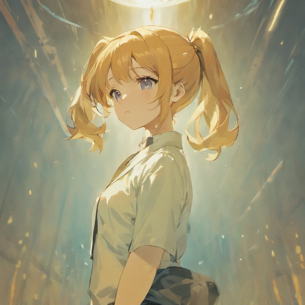 An intellectual mature beauty with a bumpy upper body wearing a white shirt, jeans on the lower body, hairstyle with a ponytail (Ponytail)   Full body anime characters with solid blue background