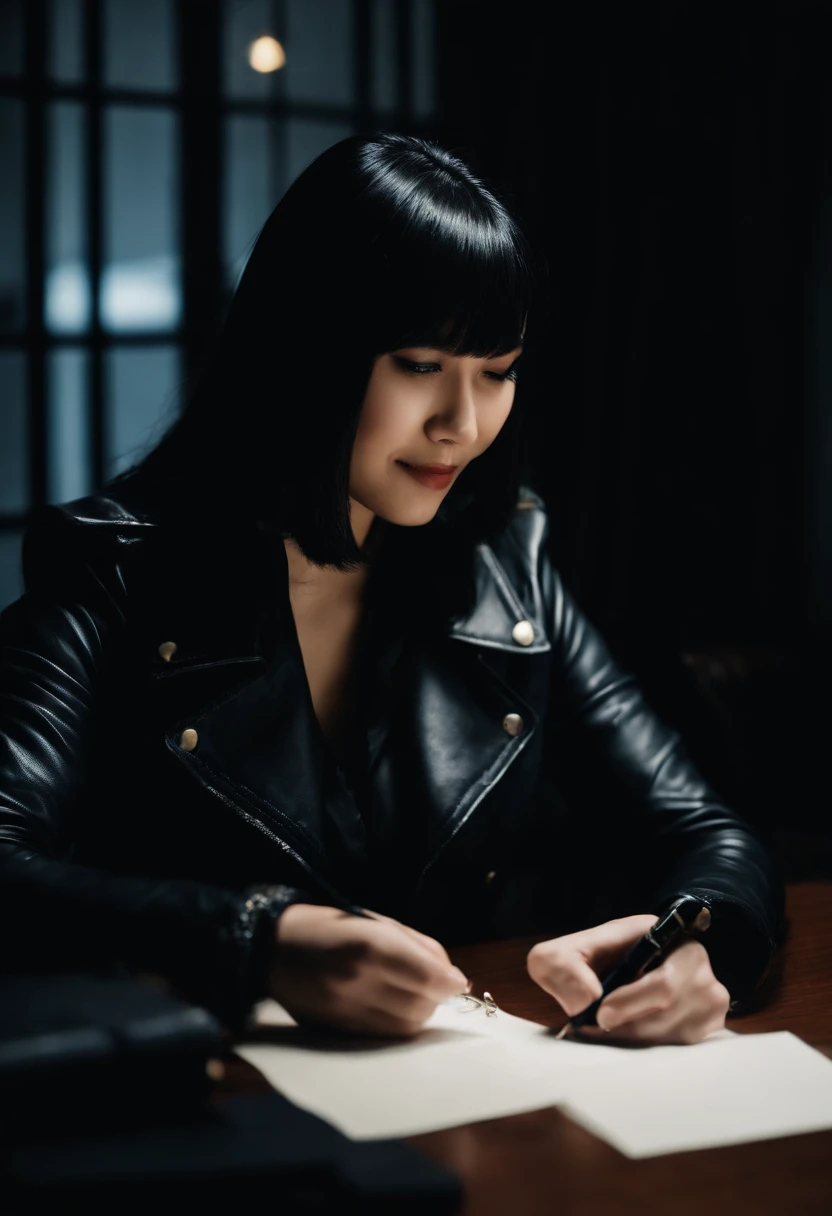 Wearing black leather gloves in both hands, upper body, black leather riders jacket, facing the desk in the modern study in the dark, looking down and smiling, writing a letter using a fountain pen, long straight black hair, young Japanese woman (black leather gloves cover both hands)