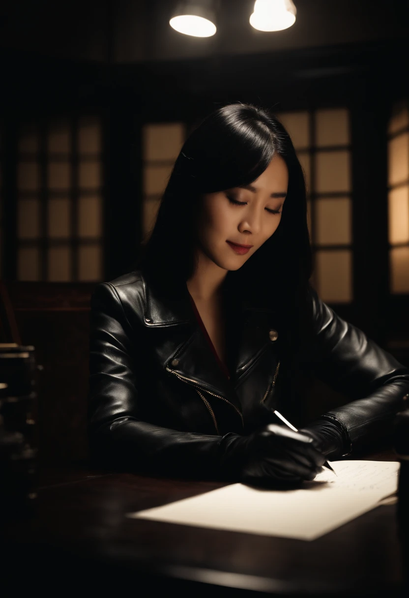 Wearing black leather gloves in both hands, upper body, black leather riders jacket, facing the desk in the modern study in the dark, looking down and smiling, writing a letter using a fountain pen, long straight black hair, young Japanese woman (black leather gloves cover both hands)