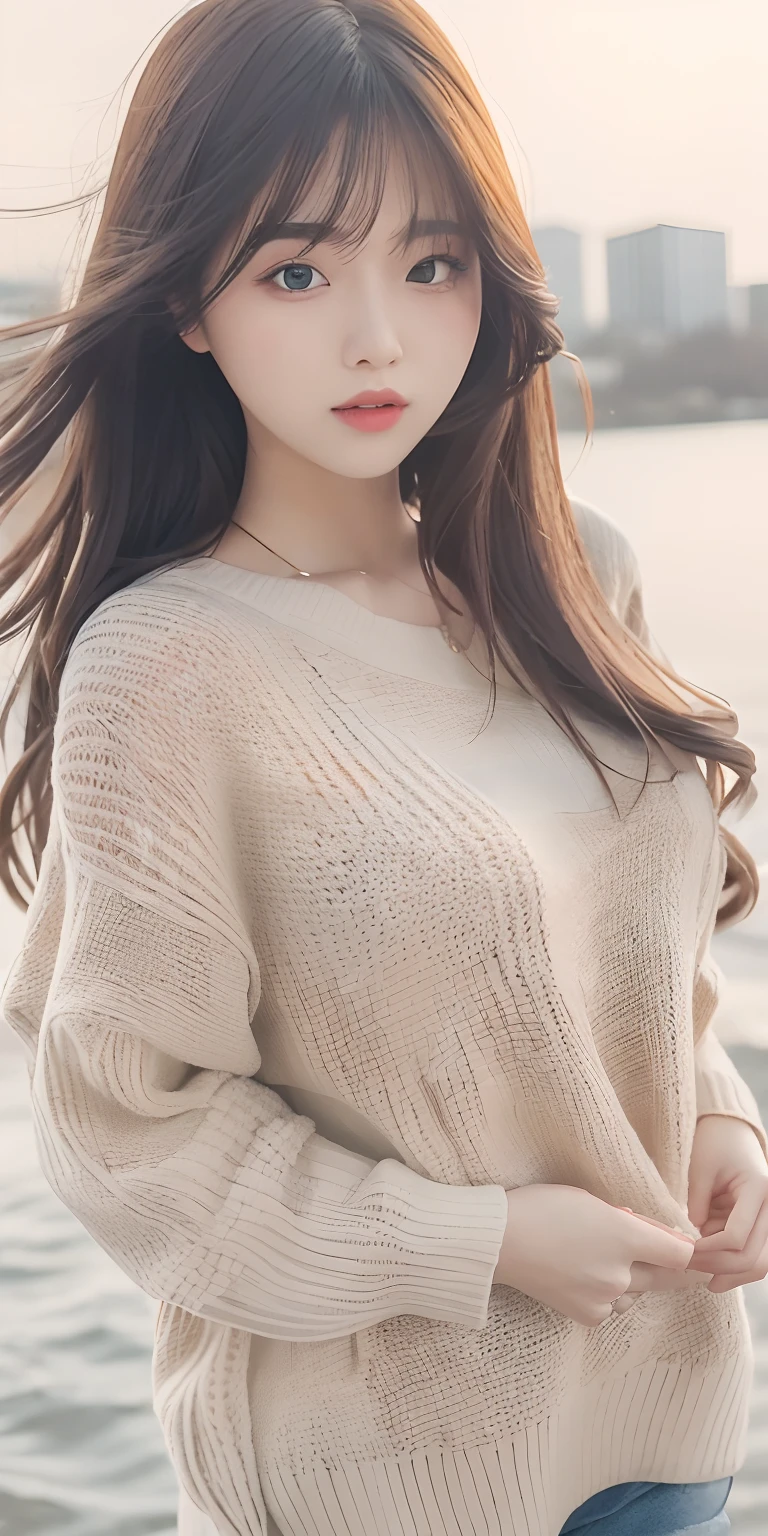 1girl walking on the river, mix4, sweater, pillow, lips, open_mouth, realistic, photo_\(medium\), solo, stuffed_animal, stuffed_toy, teddy_bear, (masterpiece), (realism: 1.3), super detailed, (High detail skin: 1.2), (Best quality: 1.0), (Ultra resolution: 1.0), (ULZZANG-6500: 0.3), wavy detail hair, long hair, sunshine, (beautiful detail makeup), (sexually aroused blush, heavy breath: 1.0), floral theme petals scattered, (soft light bloom: 0.5)