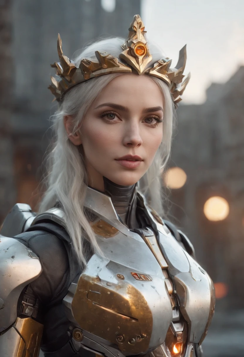 ((Best Quality)), ((Masterpiece)), (Very Detailed:1.3), 3D, Shitu-mecha, Beautiful cyberpunk woman wearing a crown with her mecha in ruins of a city of forgotten wars, streets with mecha in firefight, long silver hair, sci-fi technology, HDR (High Dynamic Range), ray tracing, NVIDIA RTX, super resolution, Unreal 5, subsurface scattering, PBR texture, post-processing, anisotropic filtering, depth of field, maximum sharpness and sharpness, Multi-layer textures, albedo and specular maps, surface shading, accurate simulation of light-material interactions, perfect ratios, octane rendering, duotone lighting, low ISO, white balance, rule of thirds, wide aperture, 8K RAW, efficient sub-pixels, subpixel convolution, luminous particles, light scattering, Tyndall effect