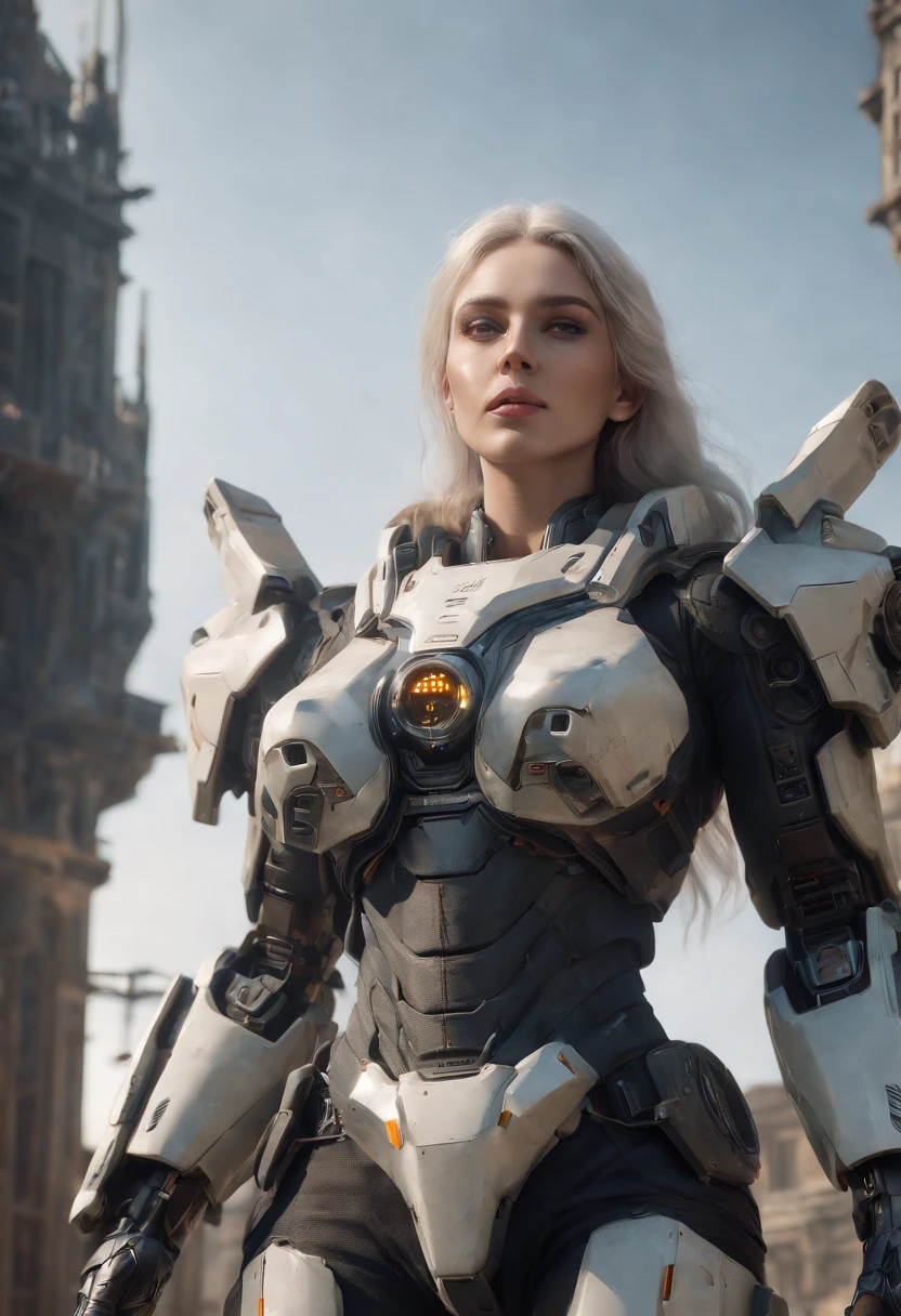 ((Best Quality)), ((Masterpiece)), (Very Detailed:1.3), 3D, Shitu-mecha, Beautiful cyberpunk woman wearing a crown with her mecha in ruins of a city of forgotten wars, streets with mecha in firefight, long silver hair, sci-fi technology, HDR (High Dynamic Range), ray tracing, NVIDIA RTX, super resolution, Unreal 5, subsurface scattering, PBR texture, post-processing, anisotropic filtering, depth of field, maximum sharpness and sharpness, Multi-layer textures, albedo and specular maps, surface shading, accurate simulation of light-material interactions, perfect ratios, octane rendering, duotone lighting, low ISO, white balance, rule of thirds, wide aperture, 8K RAW, efficient sub-pixels, subpixel convolution, luminous particles, light scattering, Tyndall effect