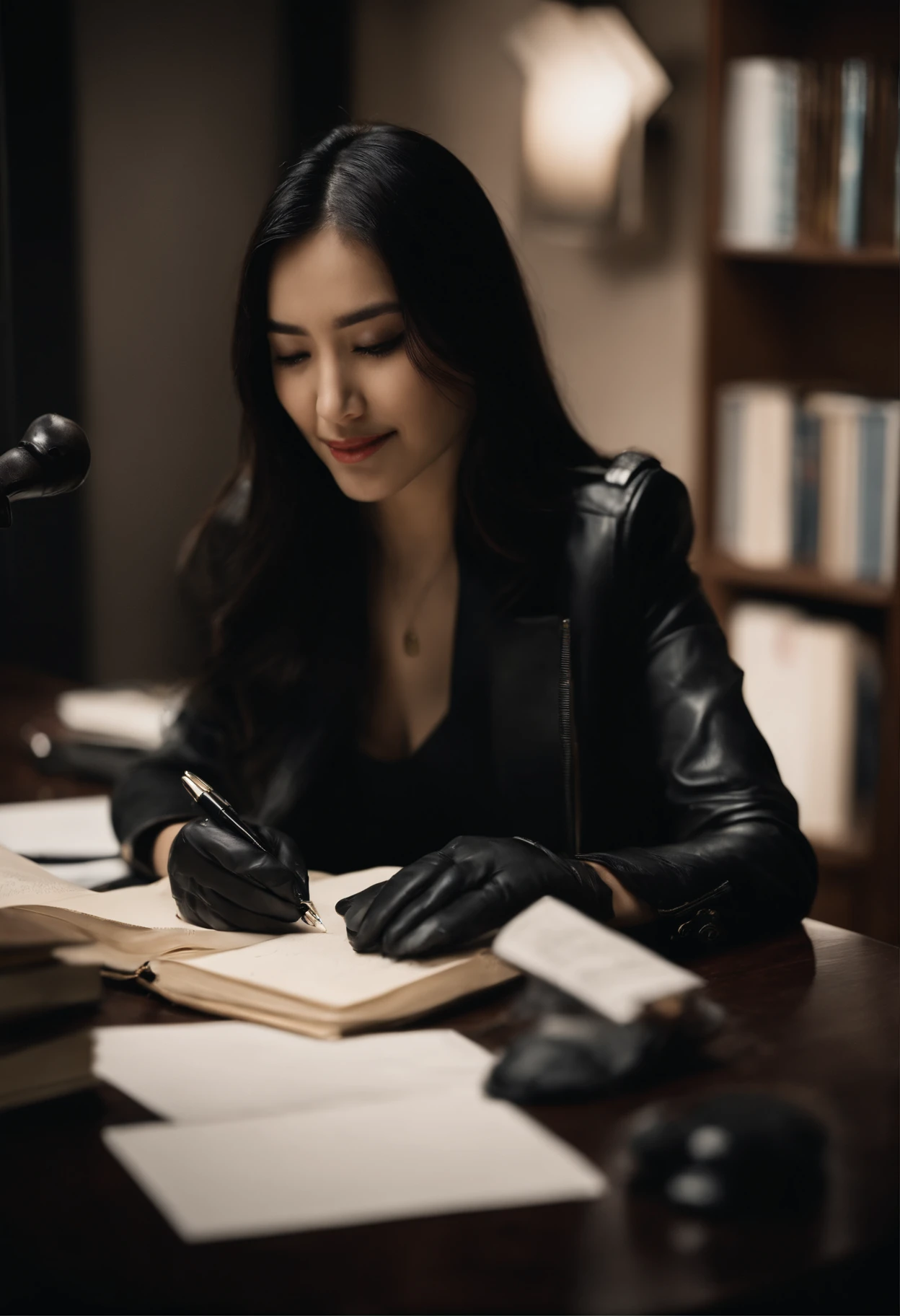 Wearing black leather gloves in both hands, upper body, black leather riders jacket, facing the desk in the modern study in the dark, looking down and smiling, writing a letter using a fountain pen, long straight black hair, young Japanese woman (black leather gloves cover both hands)