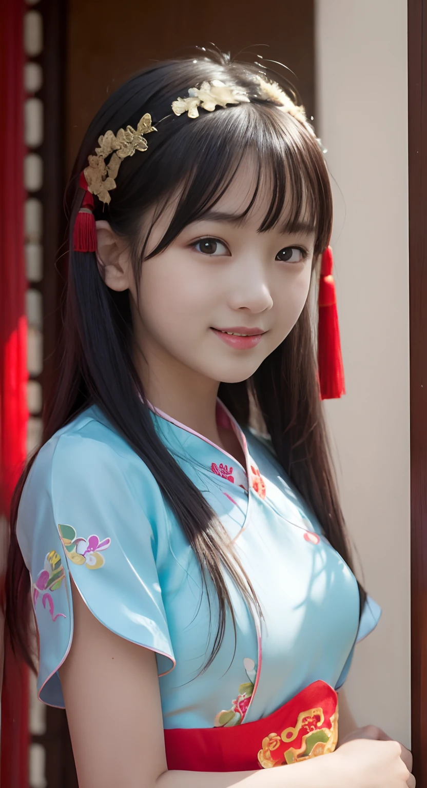 (top-quality、​masterpiece:1.2)、Best Quality、realisitic、photoshot、hight resolution、1080p、8K、Textured skin、Physical Rendering、1 Japan Girls、a junior high school student、kawaii、Young Face、Rolled hair、(Traditional Chinese Dresses:1.5)、Chinese court、full of shyness、smil、Big