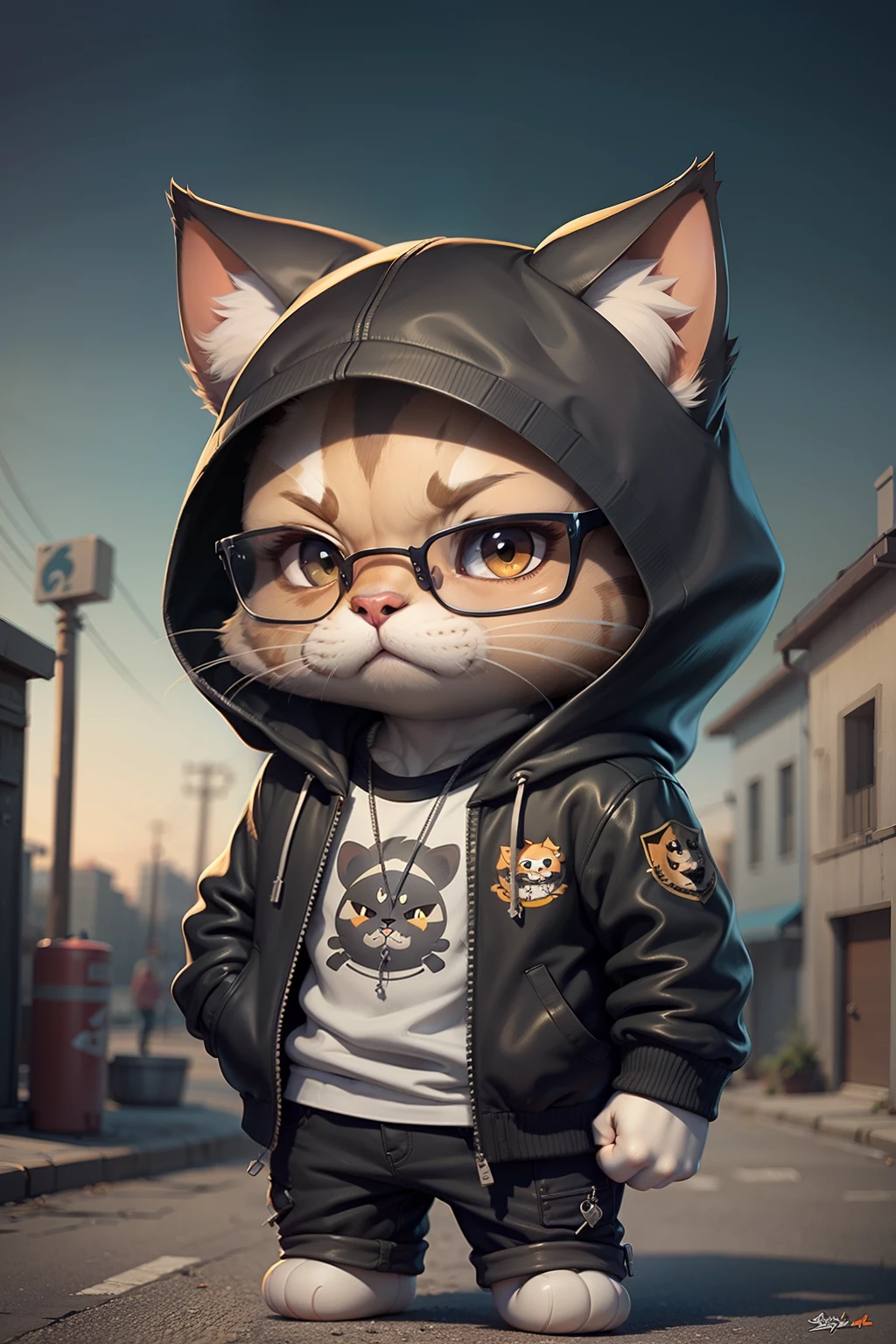 c4tt4stic, Gato preto dos desenhos animados na jaqueta e no skate, sun glasses,