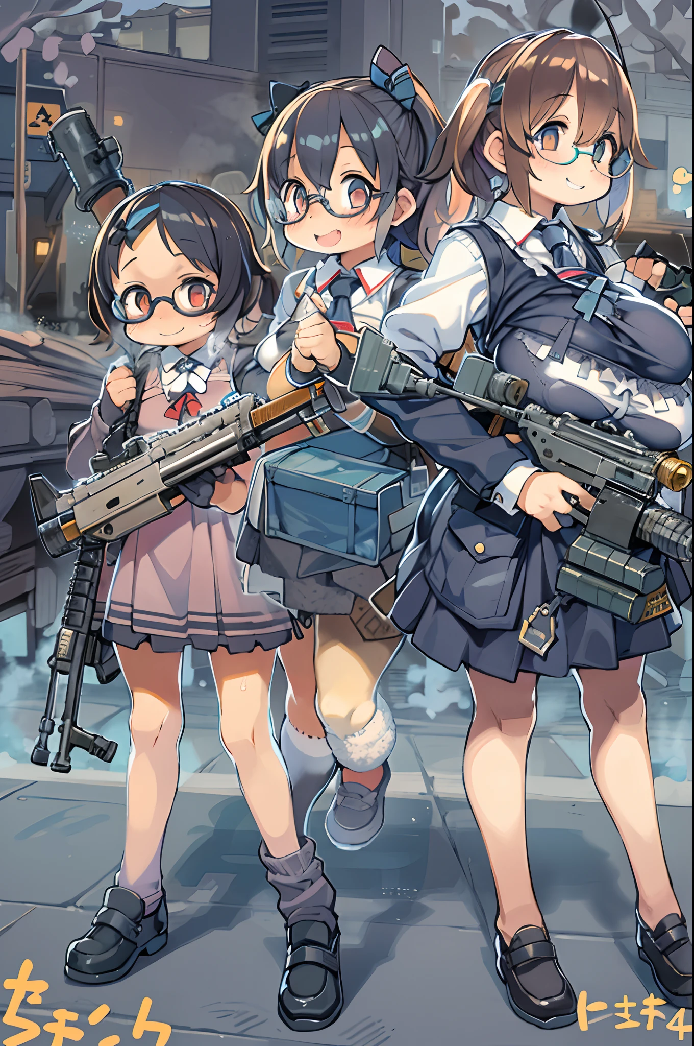 masutepiece, Best Quality, 1girl in, Empty eyes, Utsurome, maid, Smile,a  girl,Lori,(((Huge assault rifle))),rocket launcher、Multiple girls、big round glasses
