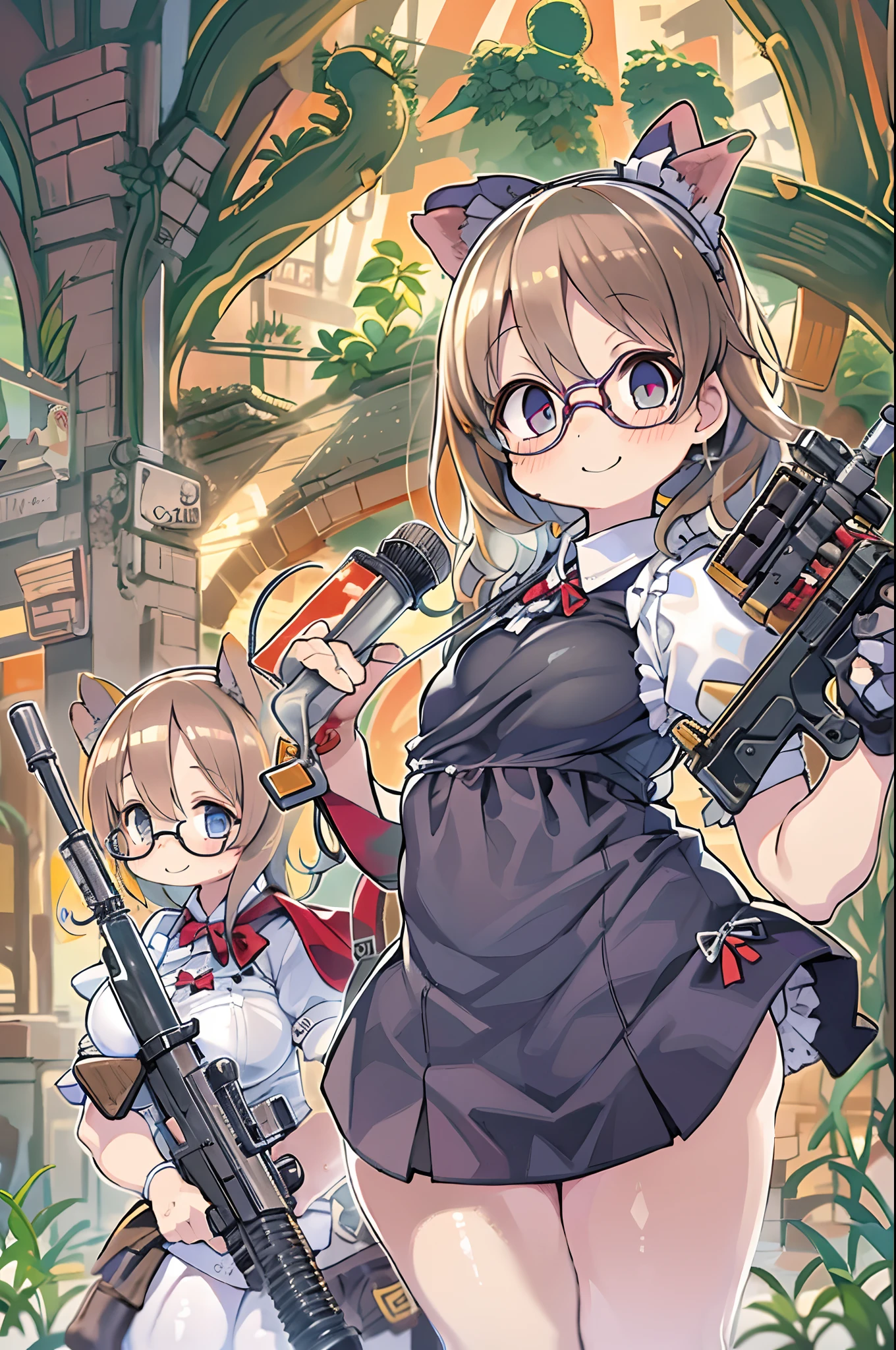 masutepiece, Best Quality, 1girl in, Empty eyes, Utsurome, maid, Smile,a child girl,Lori,(((Huge assault rifle))),rocket launcher、Multiple girls、big round glasses