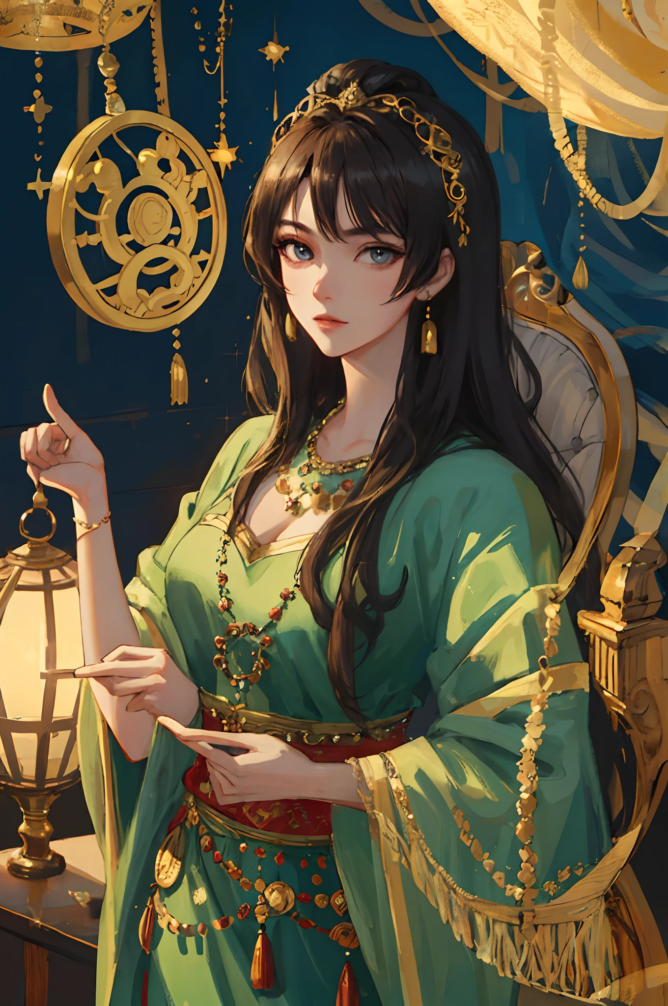 Top quality, Best quality, High-quality illustrations, Masterpiece, Super high resolution, Detailed background, Detailed background, duo,two concubines,Aladdin, Entertainment at the Arabian Palace, Sassanid dynasty, Turkish lamps,group picture:0.1, 6+Women, 6+Girls, absurderes(Highly detailed beautiful face and eyes)Perfect anatomy, expression, Good lighting, cinematic shadow,(komono,),