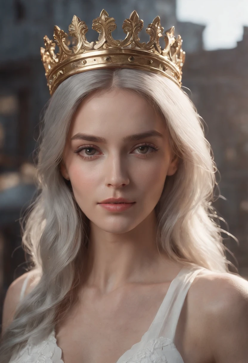 ((Best Quality)), ((Masterpiece)), (Very Detailed:1.3), 3D, Shitu-mecha, Beautiful cyberpunk woman wearing a crown with her mecha in ruins of a city of forgotten wars, streets with mecha in firefight, long silver hair, sci-fi technology, HDR (High Dynamic Range), ray tracing, NVIDIA RTX, super resolution, Unreal 5, subsurface scattering, PBR texture, post-processing, anisotropic filtering, depth of field, maximum sharpness and sharpness, Multi-layer textures, albedo and specular maps, surface shading, accurate simulation of light-material interactions, perfect ratios, octane rendering, duotone lighting, low ISO, white balance, rule of thirds, wide aperture, 8K RAW, efficient sub-pixels, subpixel convolution, luminous particles, light scattering, Tyndall effect,upper body