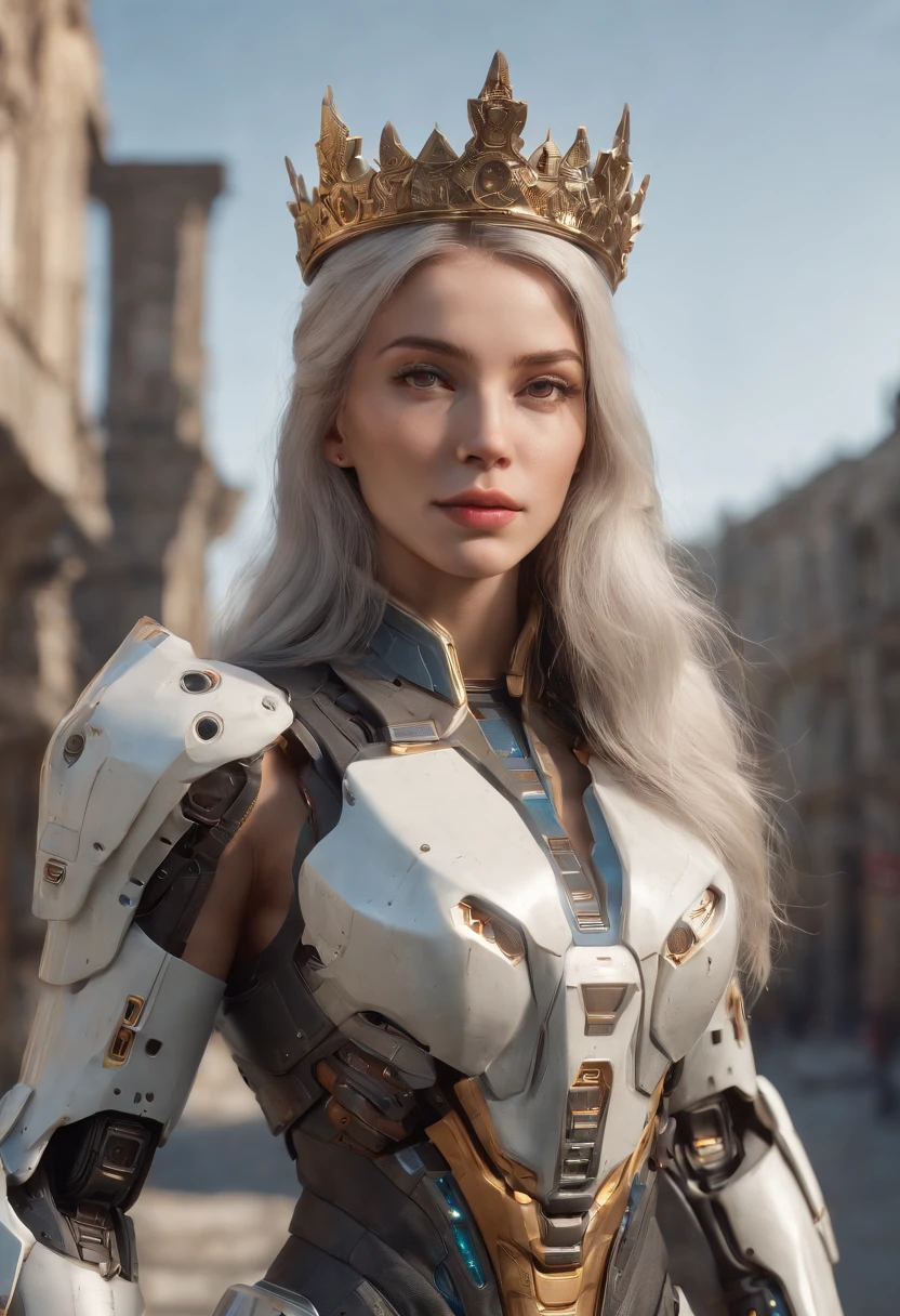 ((Best Quality)), ((Masterpiece)), (Very Detailed:1.3), 3D, Shitu-mecha, Beautiful cyberpunk woman wearing a crown with her mecha in ruins of a city of forgotten wars, streets with mecha in firefight, long silver hair, sci-fi technology, HDR (High Dynamic Range), ray tracing, NVIDIA RTX, super resolution, Unreal 5, subsurface scattering, PBR texture, post-processing, anisotropic filtering, depth of field, maximum sharpness and sharpness, Multi-layer textures, albedo and specular maps, surface shading, accurate simulation of light-material interactions, perfect ratios, octane rendering, duotone lighting, low ISO, white balance, rule of thirds, wide aperture, 8K RAW, efficient sub-pixels, subpixel convolution, luminous particles, light scattering, Tyndall effect,upper body