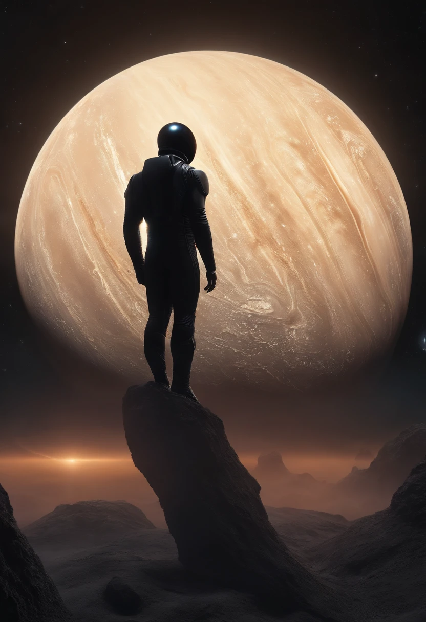 A human, realistic pitch black body, both hands holding the planet Earth, no eyes and mouth, pose standing on the planet Saturn, realistic quality, 4K quality, has a dark and black aura