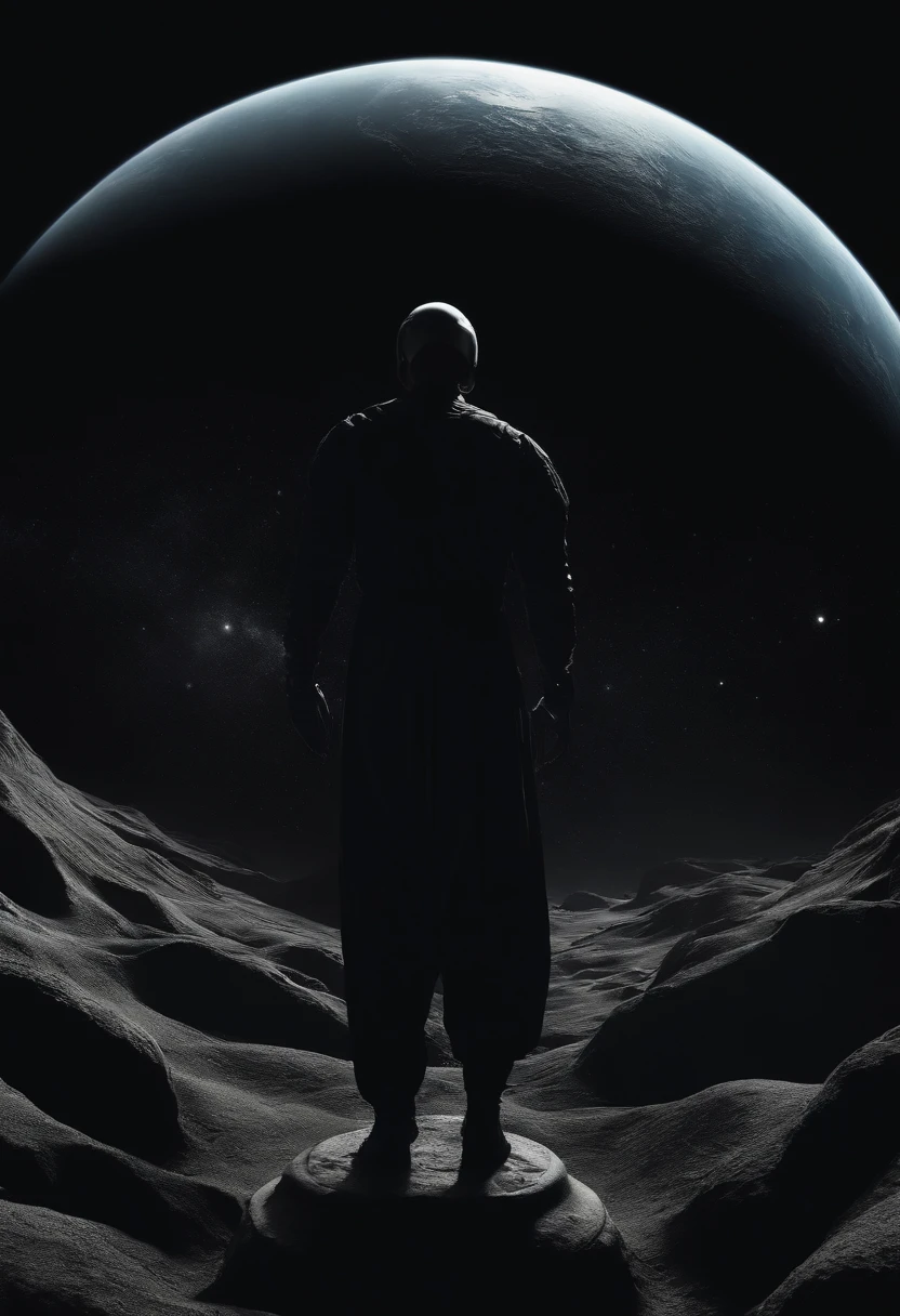 A human, realistic pitch black body, both hands holding the planet Earth, no eyes and mouth, pose standing on the planet Saturn, realistic quality, 4K quality, has a dark and black aura
