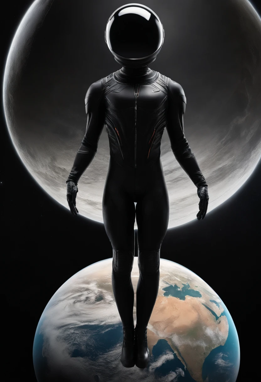 A human, realistic pitch black body, both hands holding the planet Earth, no eyes and mouth, pose standing on the planet Saturn, realistic quality, 4K quality, has a dark and black aura