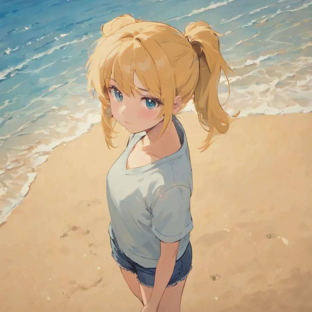 An intellectual mature beauty with a bumpy upper body wearing a white shirt, jeans on the lower body, hairstyle with a ponytail (Ponytail) To go out of the country all over the country sand sculpture anime characters background solid blue